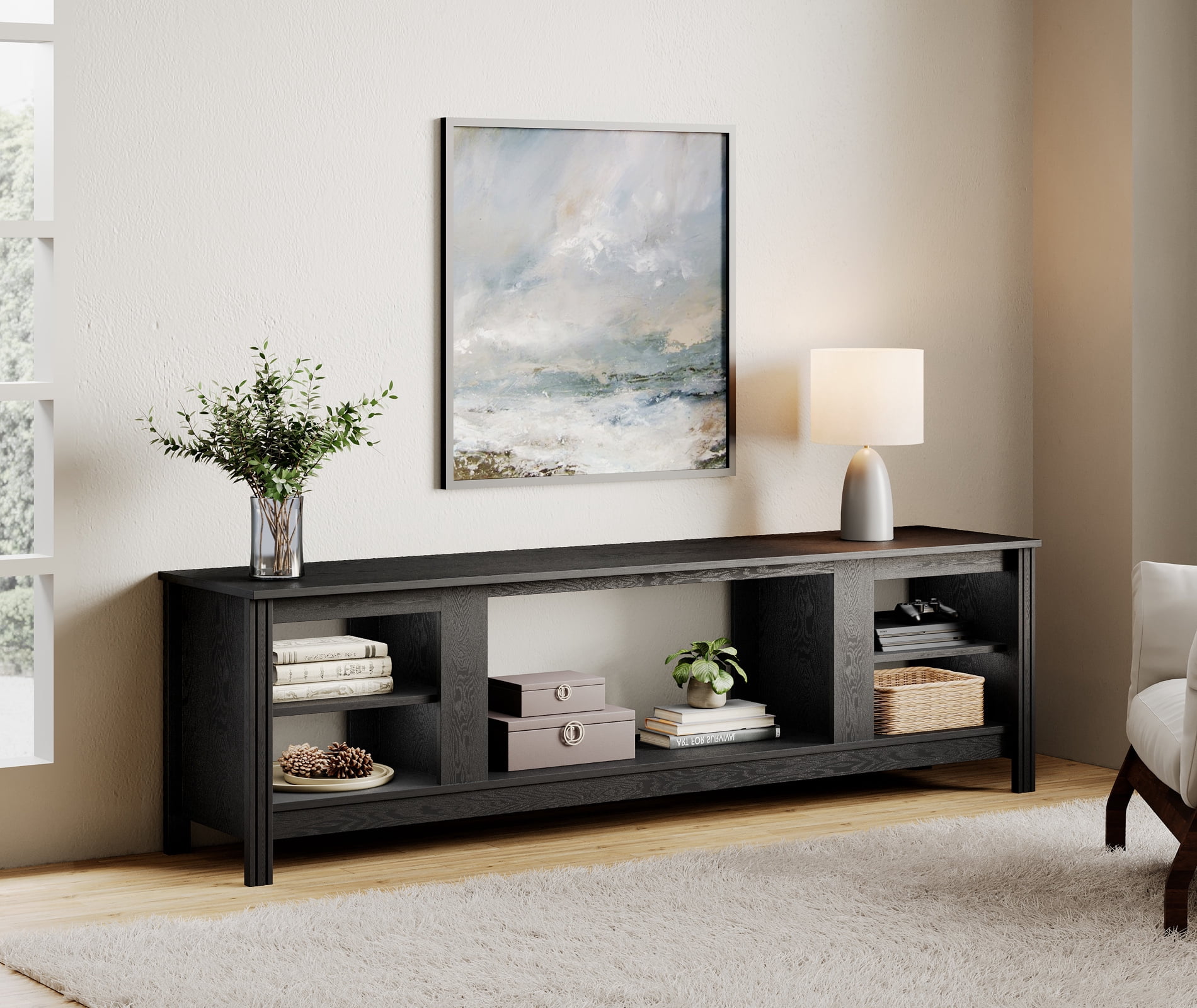 WAMPAT 70” Black Entertainment Center for 50-75 Inch TVs, Rustic TV Stand with Solid Wood Legs