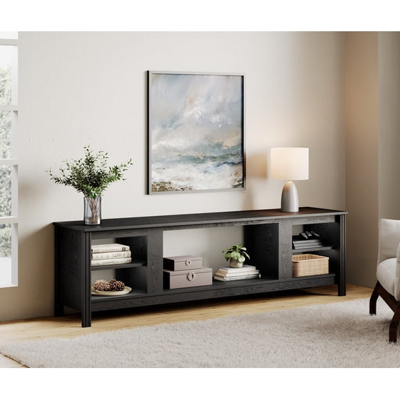 WAMPAT 70 Black Entertainment Center for 50-75 Inch TVs, Rustic TV Stand with Solid Wood Legs
