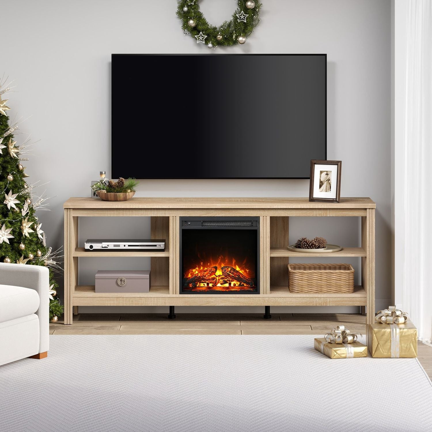 WAMPAT 70" Farmhouse Fireplace TV Stand, Electric Fireplace Wood TV ...