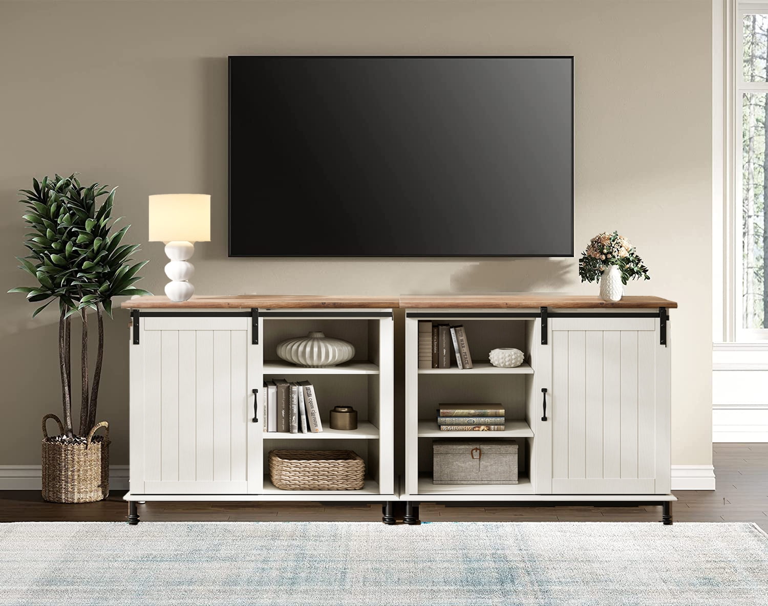 WAMPAT 70" Farmhouse TV Stand with Sliding Barn Door, Modern Entertainment Center for Living Room, Storage Buffet Cabinet, Accent Cabinet Entryway Storage Table