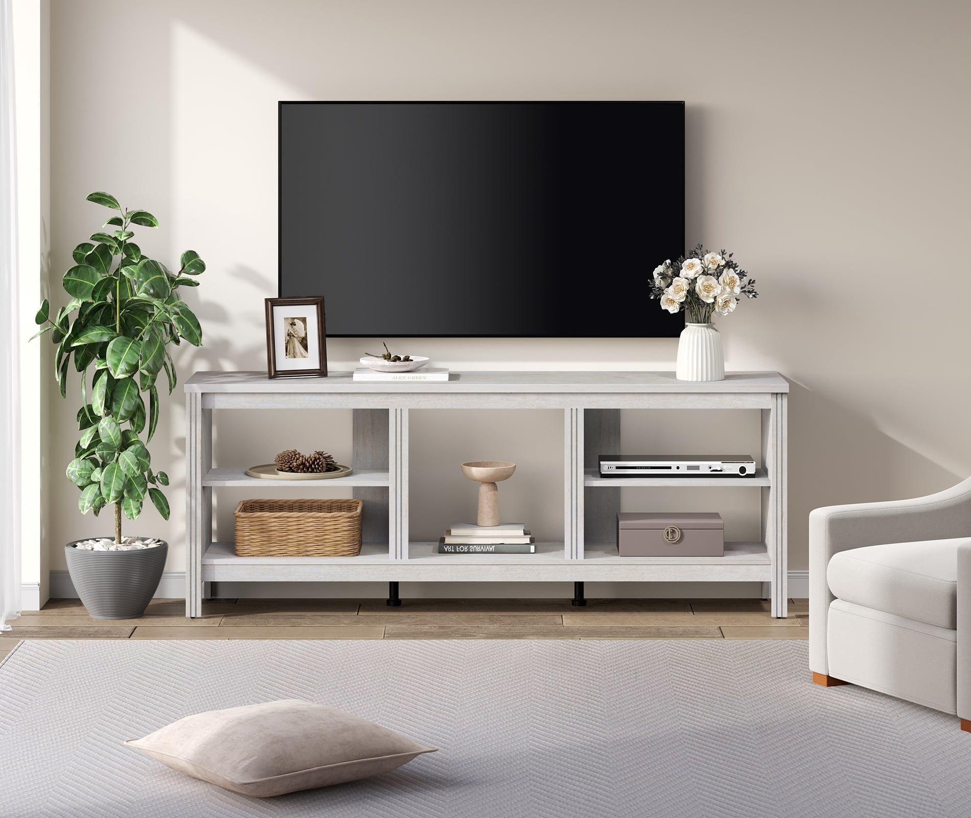 WAMPAT 70 Inch White TV Stand for Up to 80 Inch TV, Farmhouse Media Console Table with 5 Storage Spaces