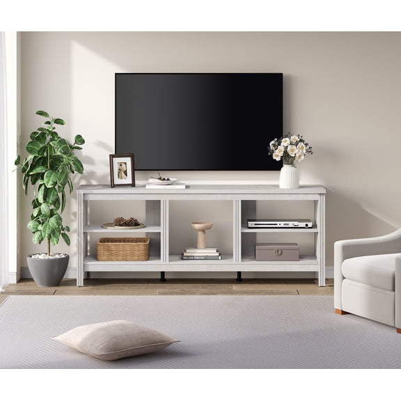 WAMPAT 70 Inch White TV Stand for Up to 80 Inch TV, Farmhouse Media Console Table with 5 Storage Spaces