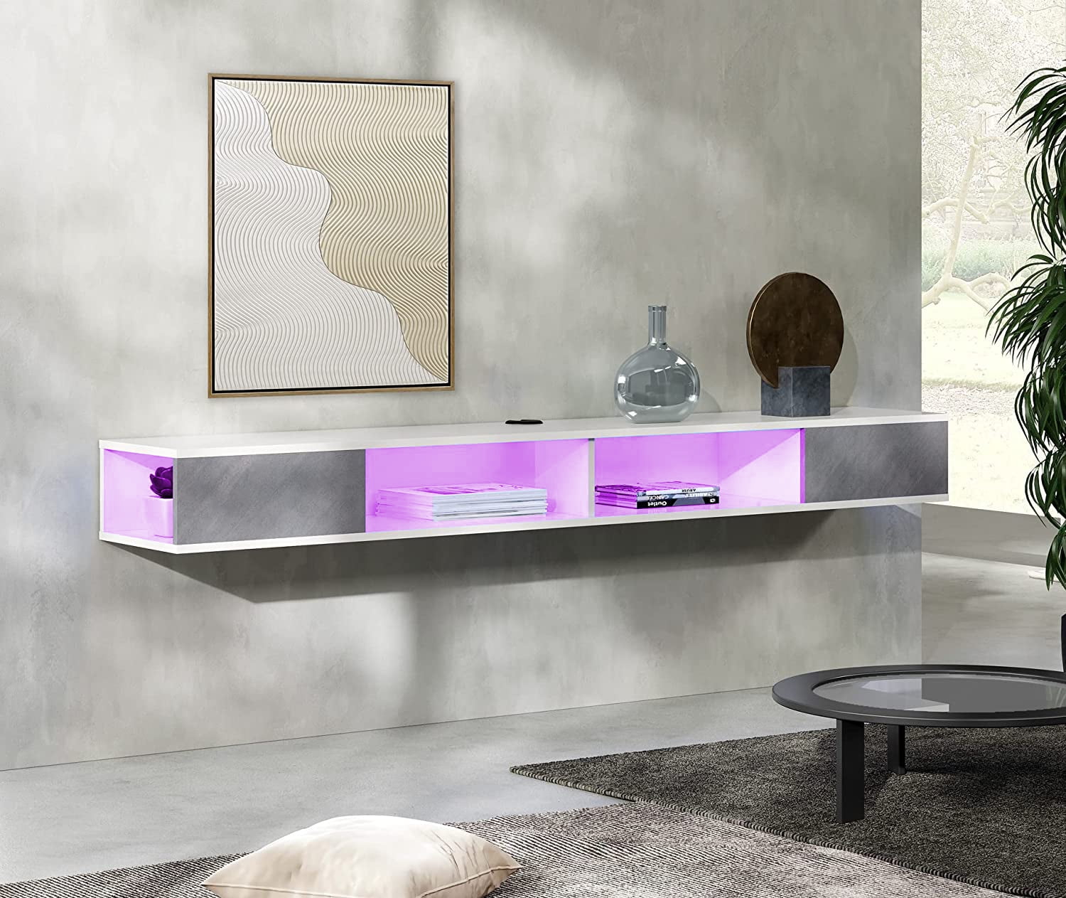 WAMPAT 70 inch Floating TV Shelf with 16-Color LED Light,Floating Entertainment Center Wall Mounted Under TV Media Console for Living Room,White&Gray