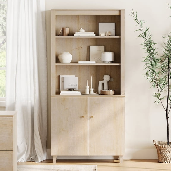 WAMPAT 71" Tall Bookcase with Doors & Storage Cabinet for Home Office,Light Oak