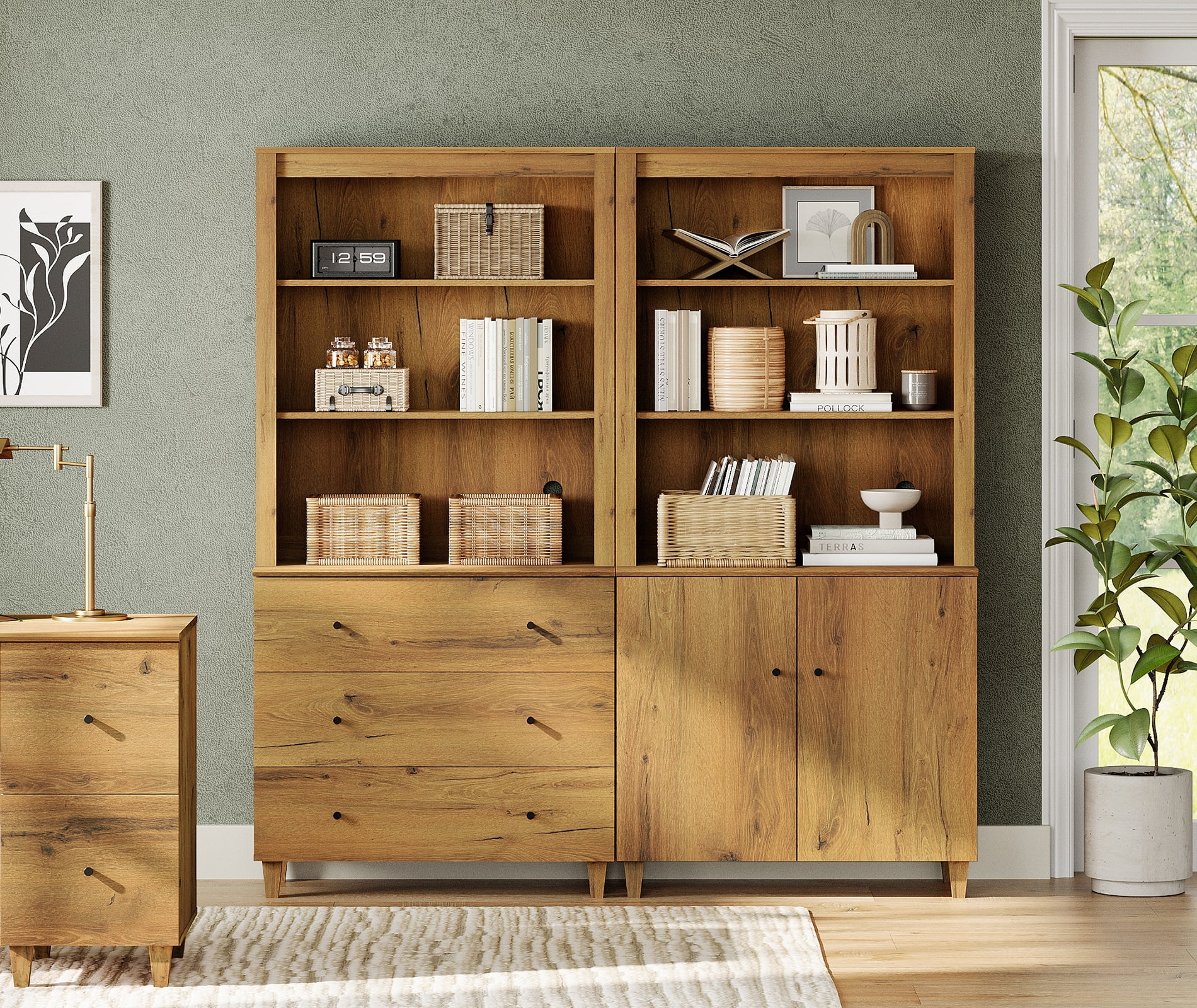 WAMPAT 71" Tall Bookshelf Set of 2, 5-Tier Modern Storage Bookcases with 1 Cabinet and 3 Drawers, Large Wooden Bookcases for Living Room, Dark Brown Wood