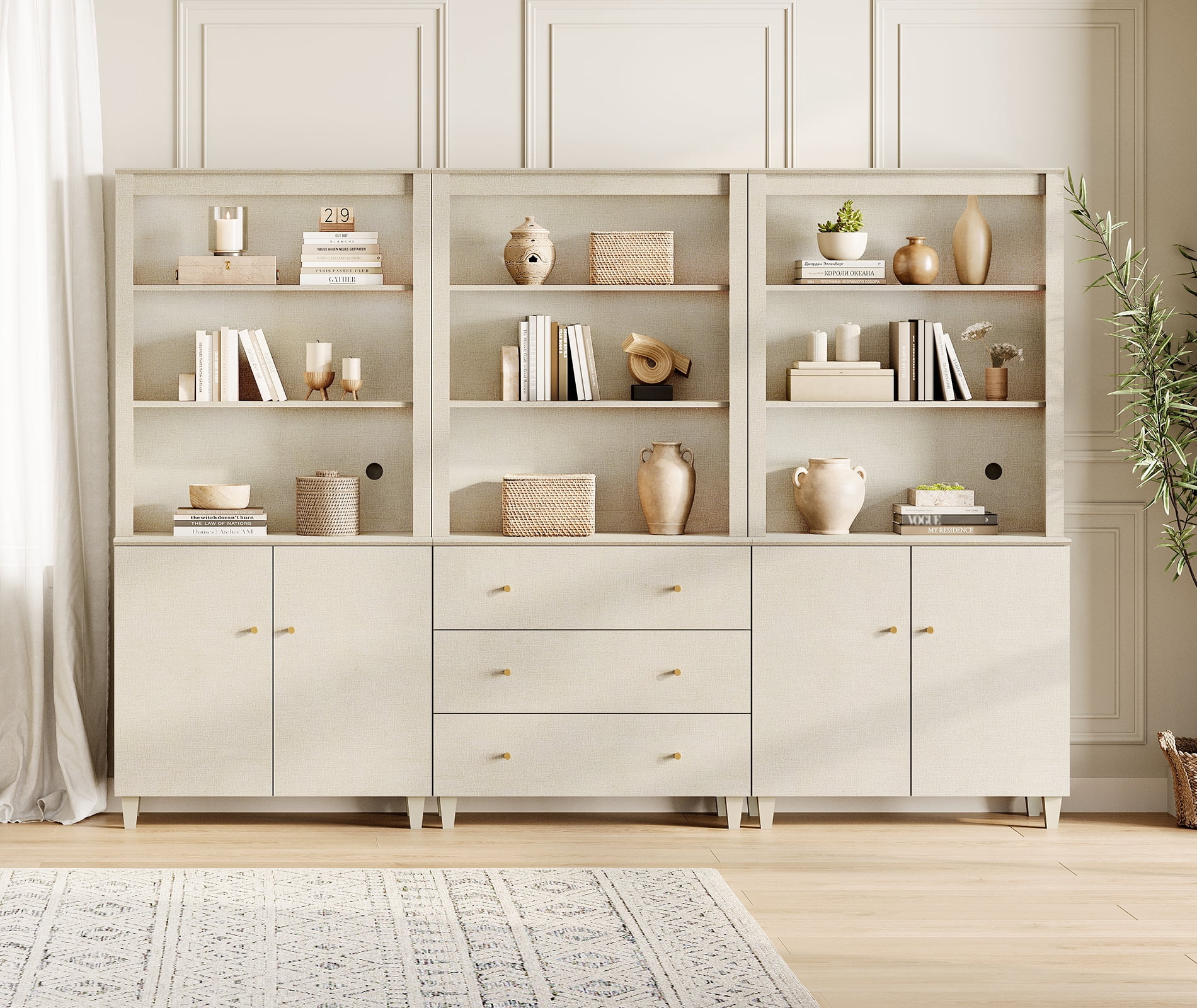 WAMPAT 71" Tall Bookshelf Set of 3, 5-Tier Modern Storage Bookcase with 2 Cabinets and 3 Drawers, Large Wooden Bookcases for Living Room, Beige Linen Printed
