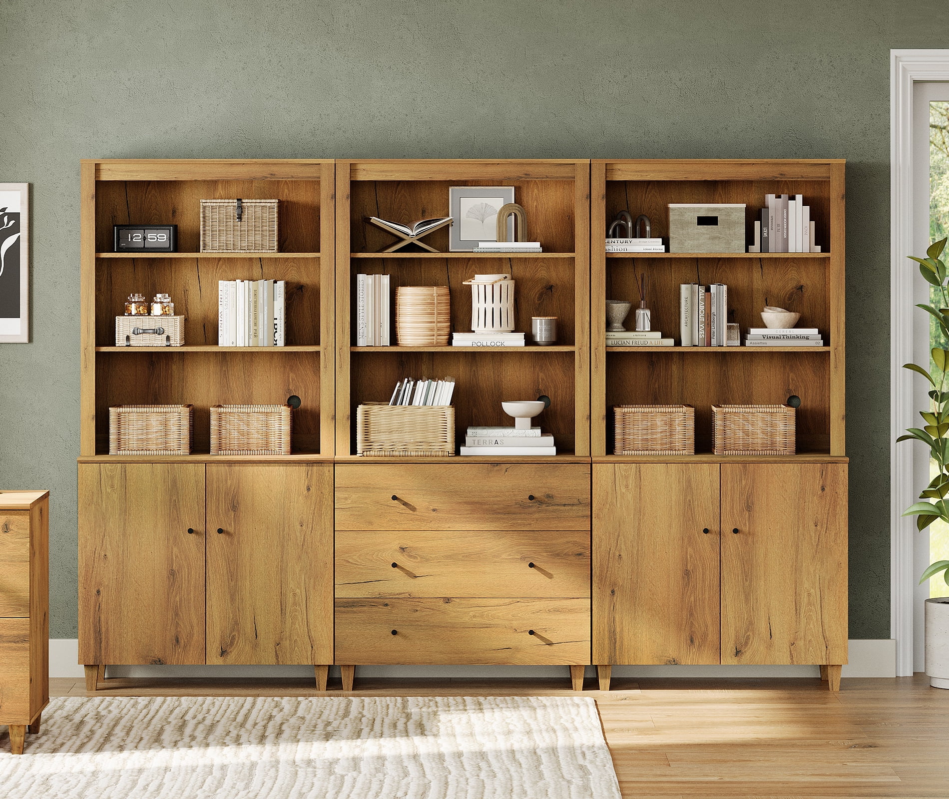 WAMPAT 71" Tall Bookshelf Set of 3, 5-Tier Modern Storage Bookcase with 2 Cabinets and 3 Drawers, Large Wooden Bookcases for Living Room, Dark Brown Wood