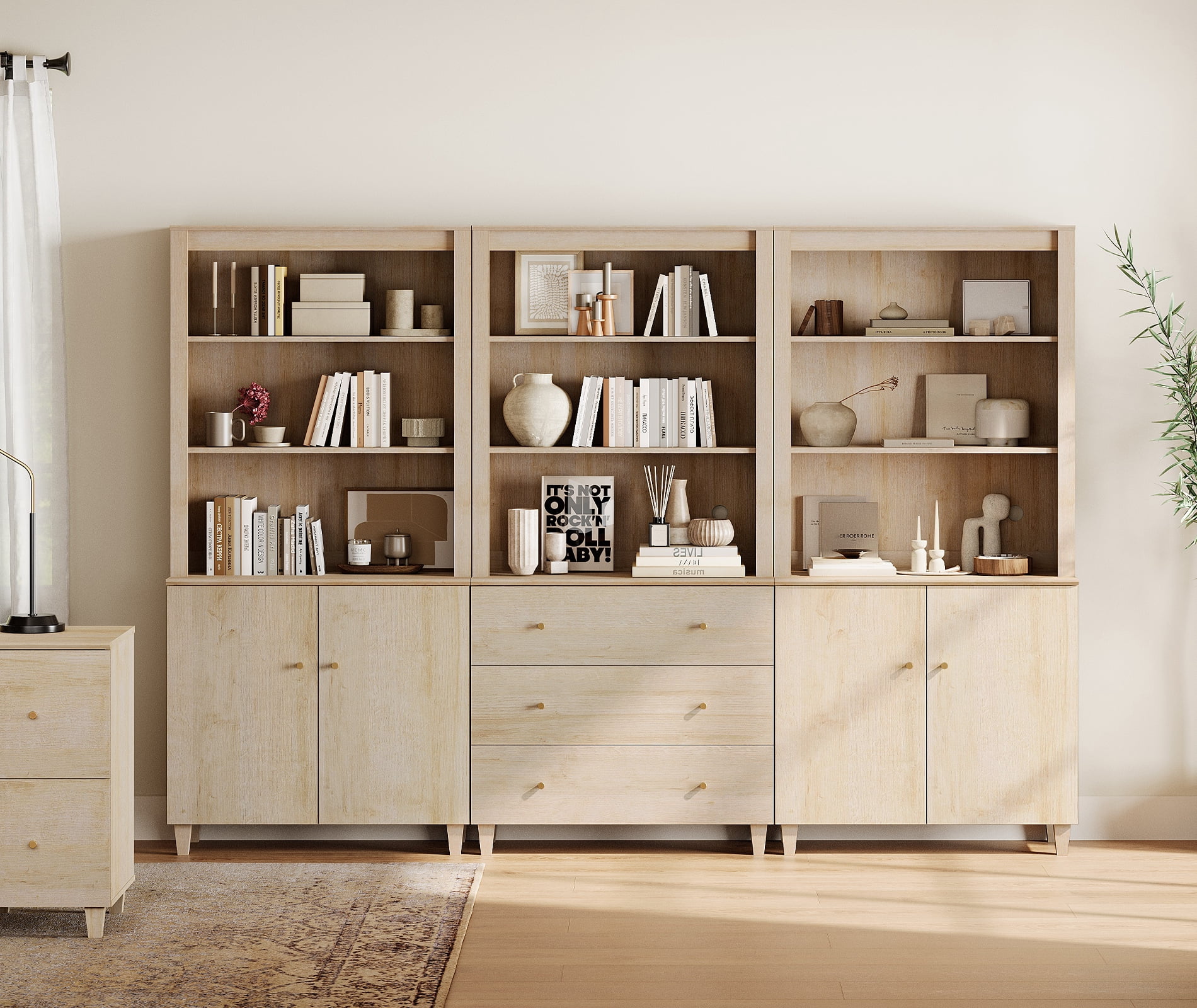 WAMPAT 71" Tall Bookshelf Set of 3, 5-Tier Modern Storage Bookcase with 2 Cabinets and 3 Drawers, Large Wooden Bookcases for Living Room, Natural Oak