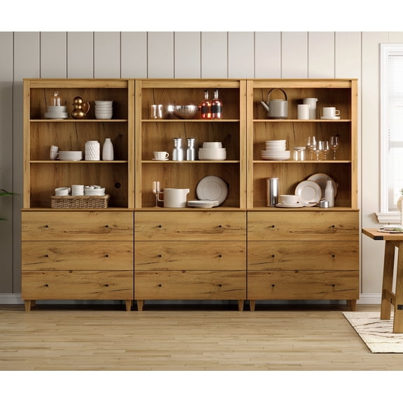 WAMPAT 71" Tall Pantry Cabinet with 9 Smooth-Glide Drawers, Modern Farmhouse 3-Column 3-Tier Kitchen Storage Organizer with Adjustable Shelf for Dining Room, Dark Brown Wood