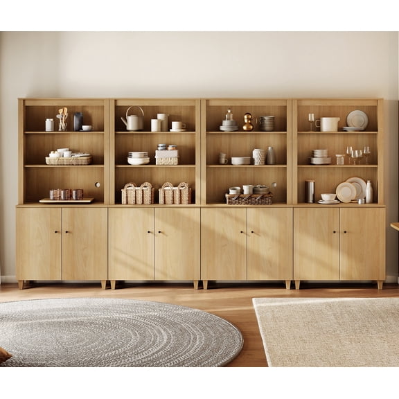 WAMPAT 71" Tall Pantry Cabinet with Doors, Modern Farmhouse 4-Column 5-Tier Kitchen Shelf with Adjustable Shelves for Dining Room, Oak Wood