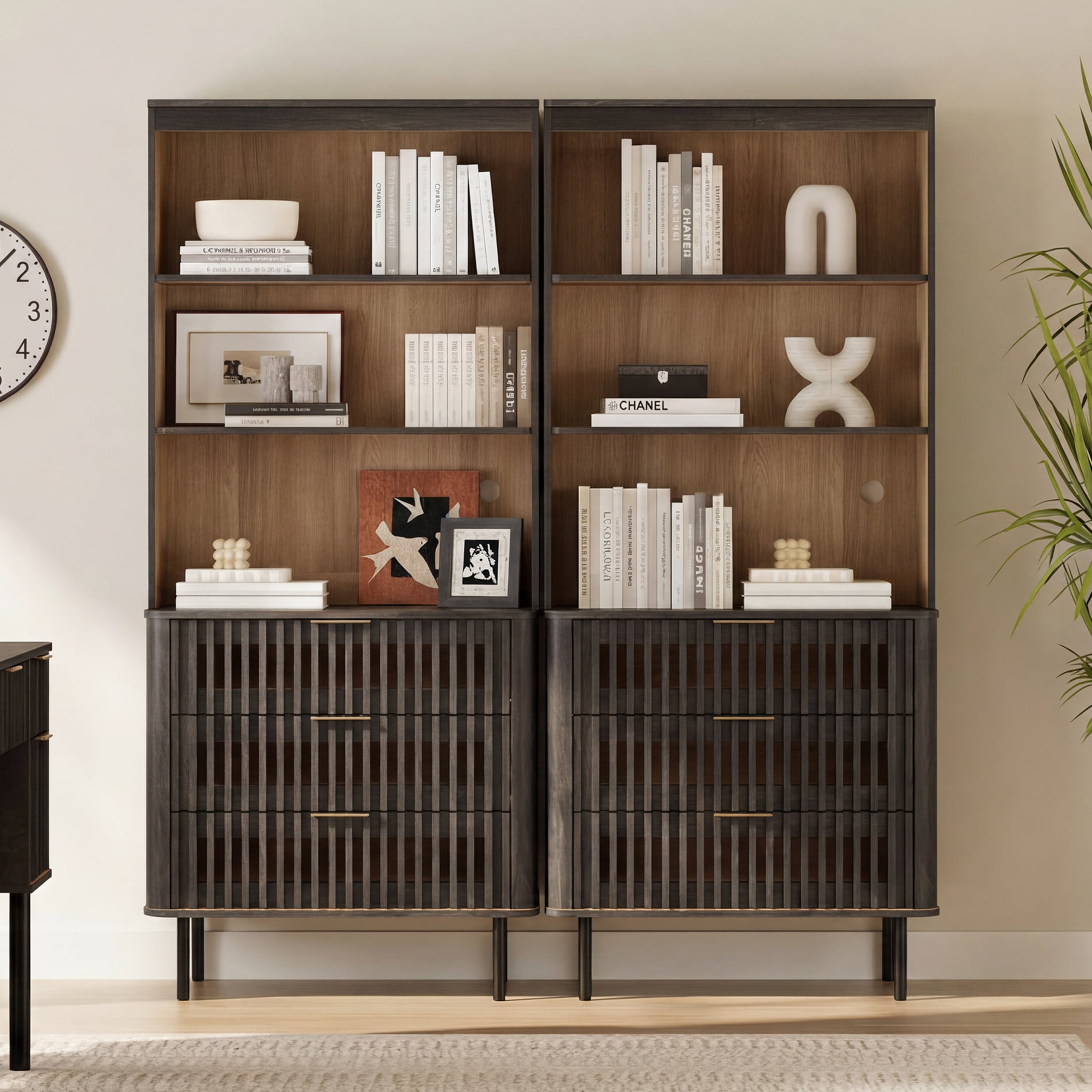 WAMPAT 72.8" Tall 3-Tier Bookshelf with Large Drawer, Modern Bookcase with Storage, Adjustable Shelves, Wood Storage Cabinet, Black, 2 PCS
