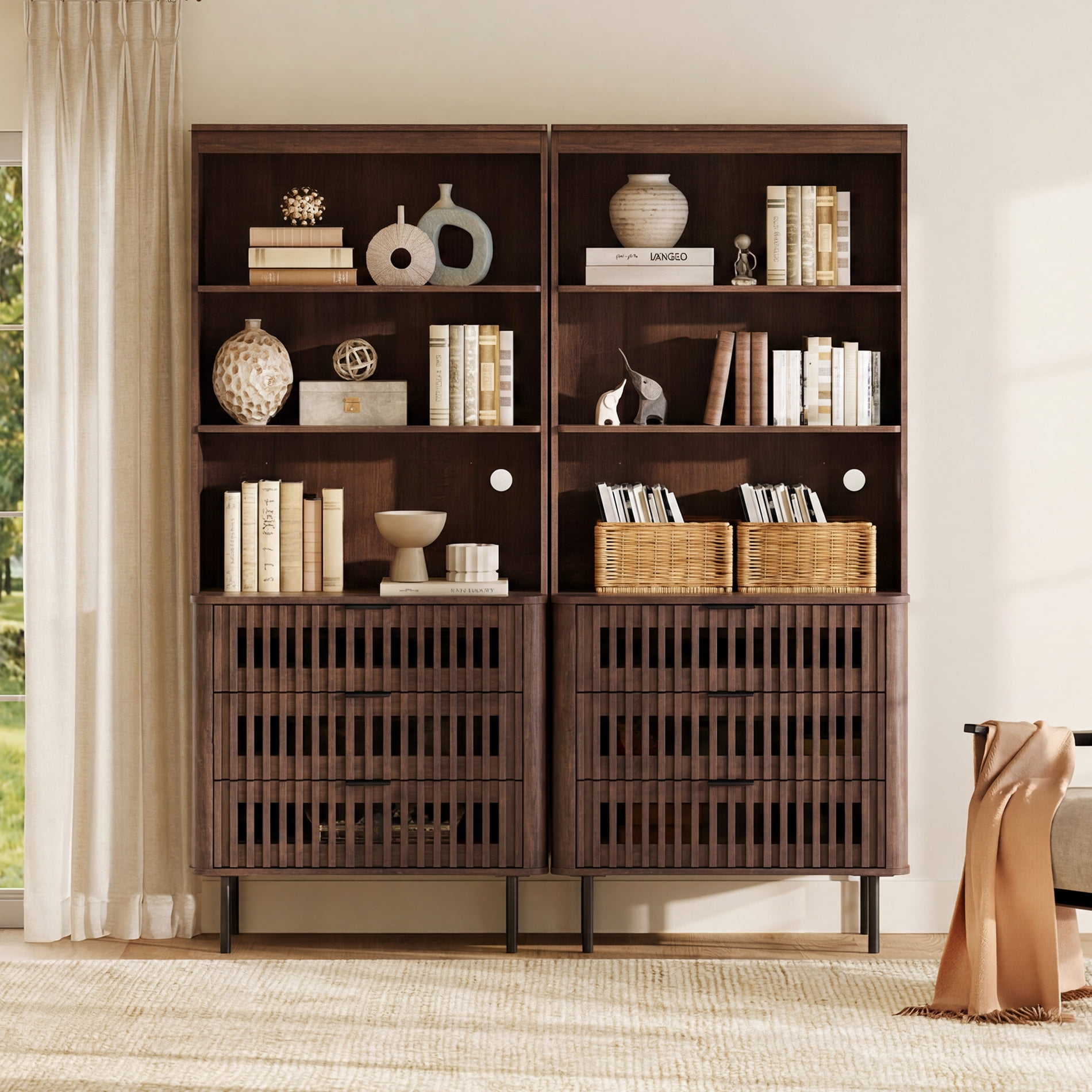 WAMPAT 72.8" Tall 3-Tier Bookshelf with Large Drawer, Modern Bookcase with Storage, Adjustable Shelves, Wood Storage Cabinet, Walnut, 2 PCS