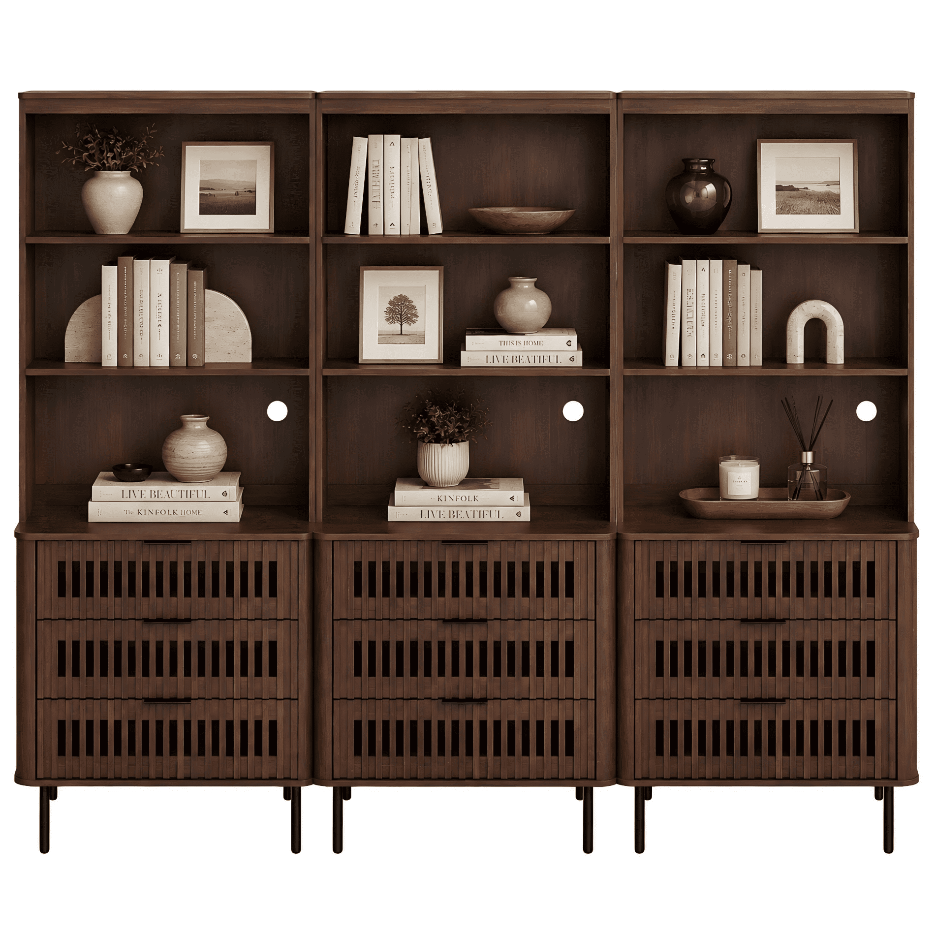WAMPAT 72.8" Tall 3-Tier Bookshelf with Large Drawer, Modern Bookcase with Storage, Adjustable Shelves, Wood Storage Cabinet, Walnut, 3 PCS