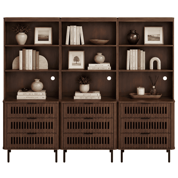 WAMPAT 72.8" Tall 3-Tier Bookshelf with Large Drawer, Modern Bookcase with Storage, Adjustable Shelves, Wood Storage Cabinet, Walnut, 3 PCS