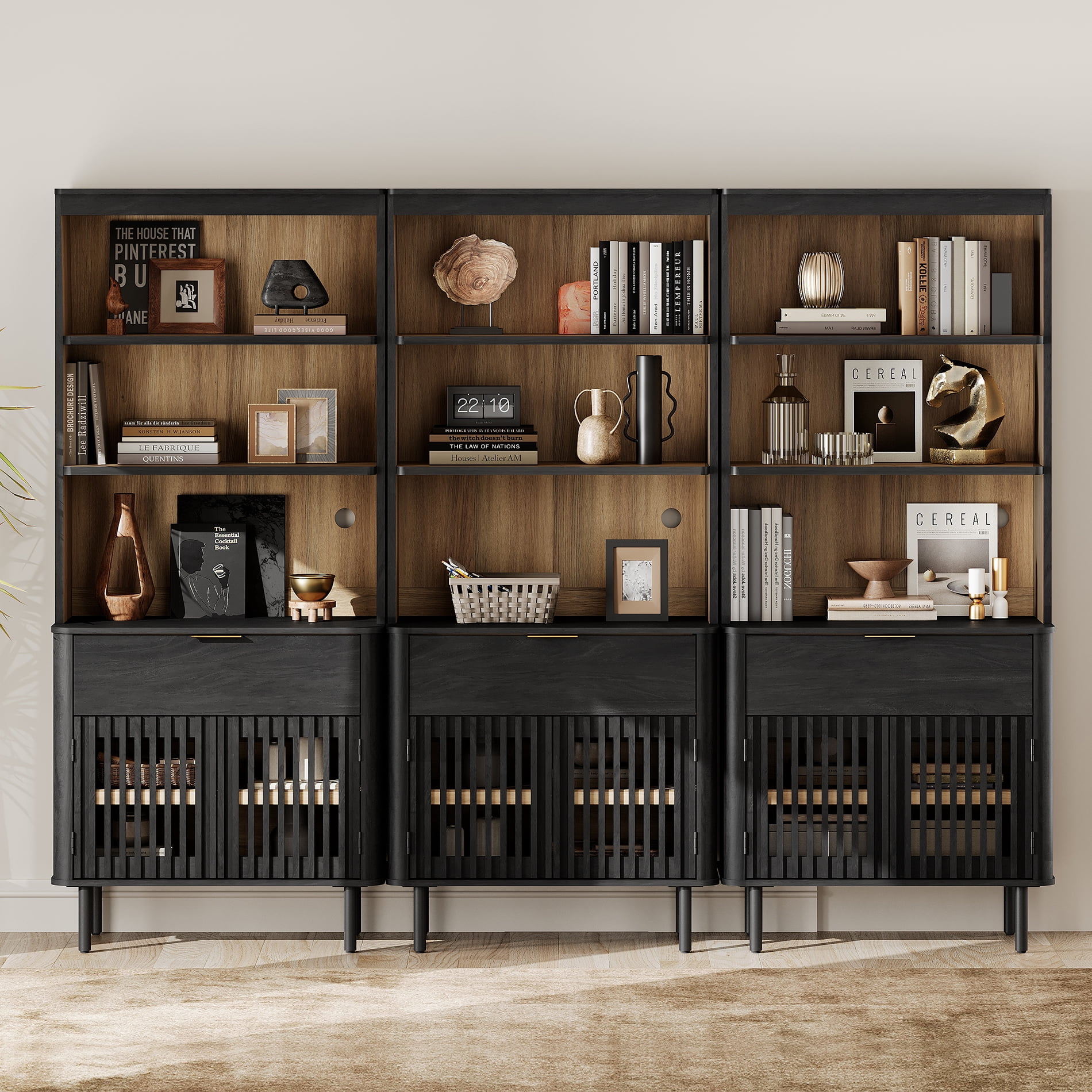 WAMPAT 72.8" Tall 5-Tier Bookshelf with Doors & Drawer, Modern Bookcase with Storage, Adjustable Shelves, Wood Storage Cabinet, Black, 3 PCS