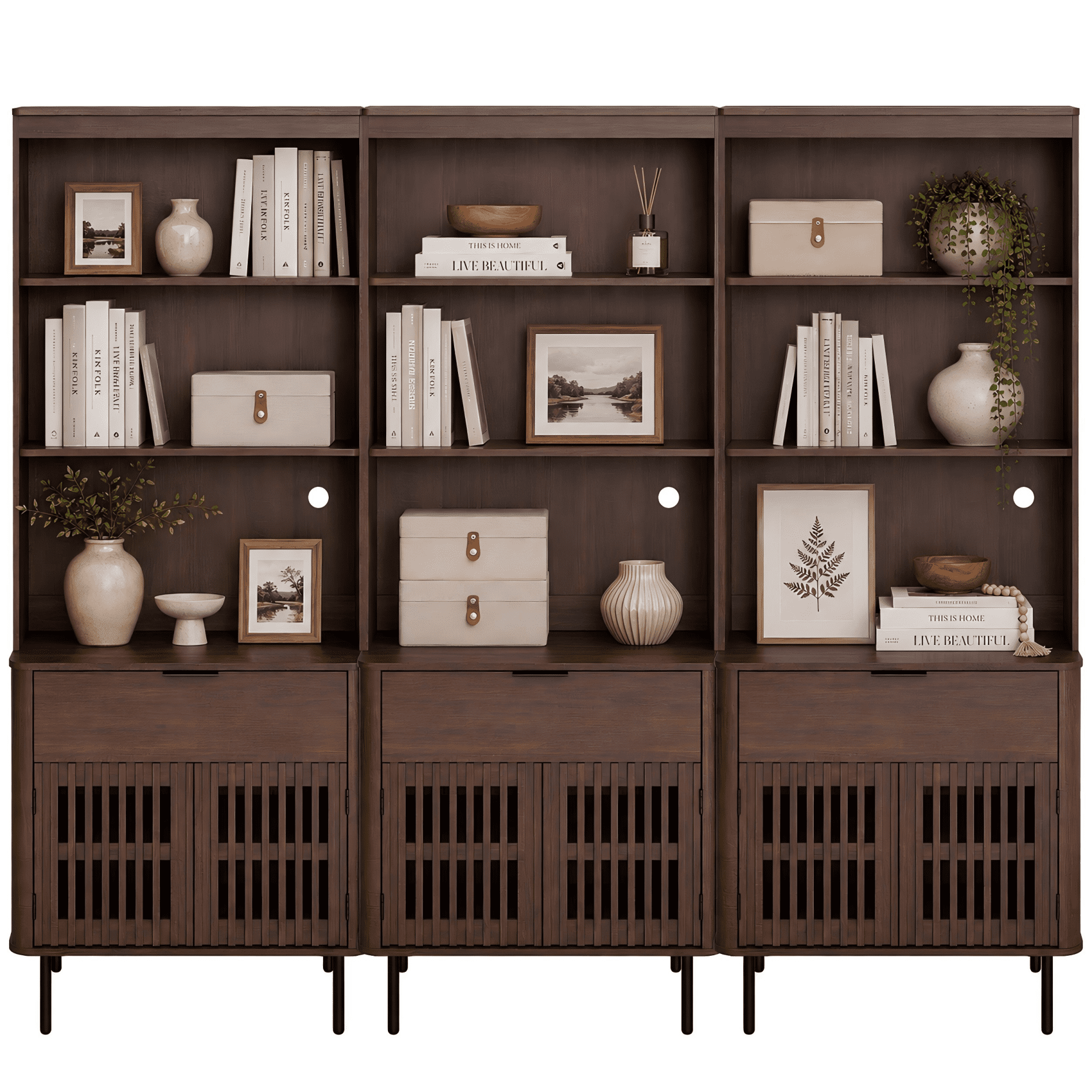 WAMPAT 72.8" Tall 5-Tier Bookshelf with Doors & Drawer, Modern Bookcase with Storage, Adjustable Shelves, Wood Storage Cabinet, Walnut, 3 PCS