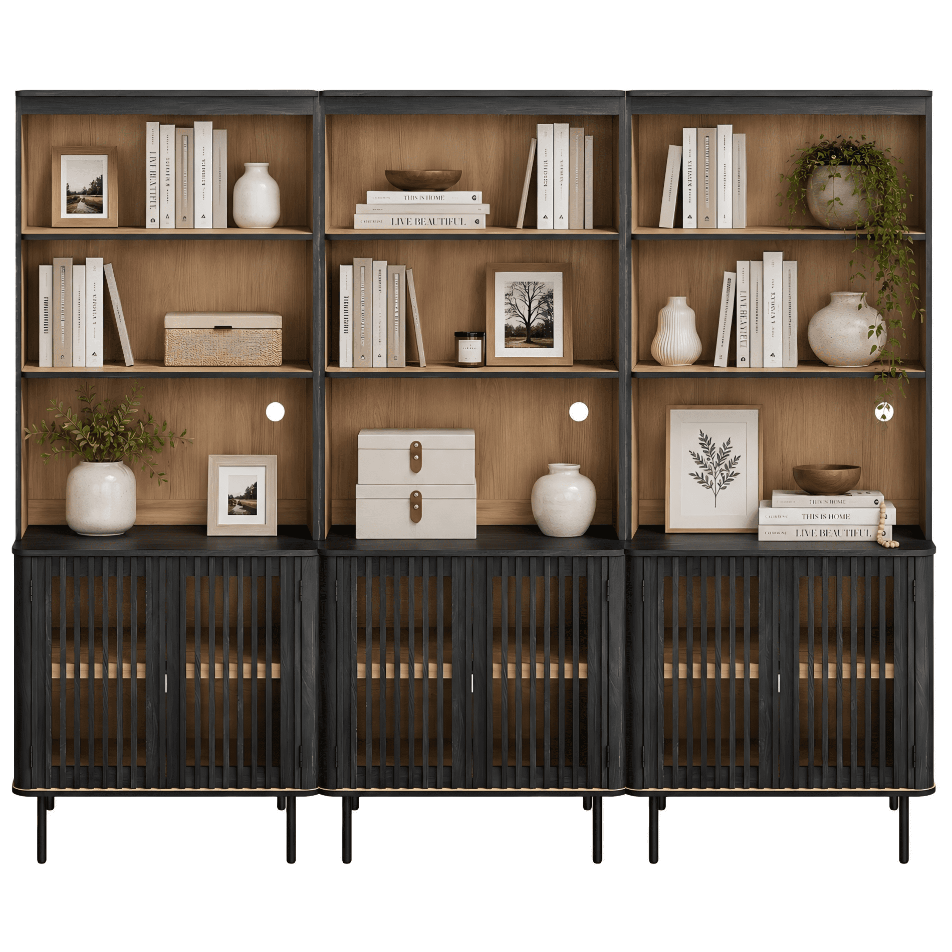 WAMPAT 72.8" Tall 5-Tier Bookshelf with Doors, Modern Bookcase with Storage, Adjustable Shelves, Wood Storage Cabinet, Black，3 PCS