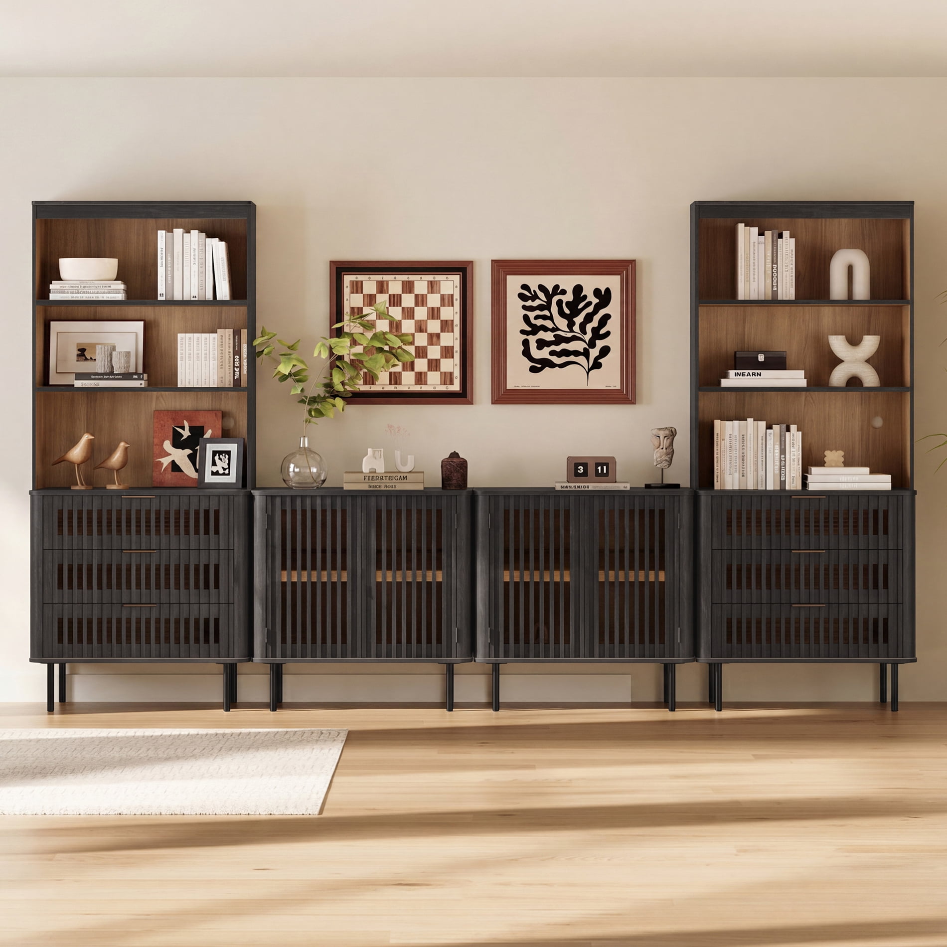 WAMPAT 72.8" Tall Bookshelf with Doors and Drawers, Modern Bookcase with Storage, Adjustable Shelves, Wood Storage Cabinet, Black