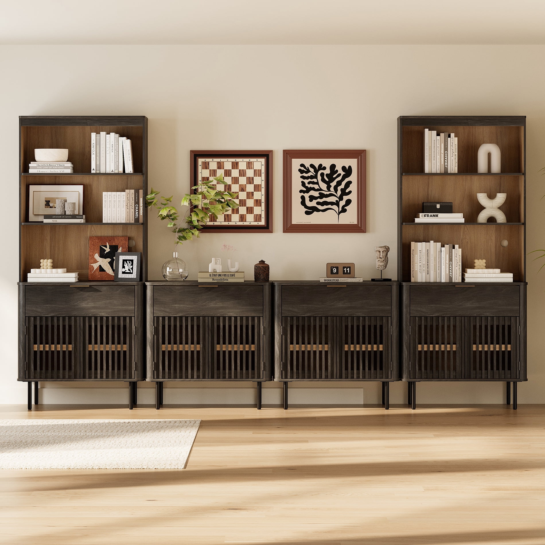 WAMPAT 72.8" Tall Bookshelf with Doors and Drawers, Modern Bookcase with Storage, Adjustable Shelves, Wood Storage Cabinet, Black