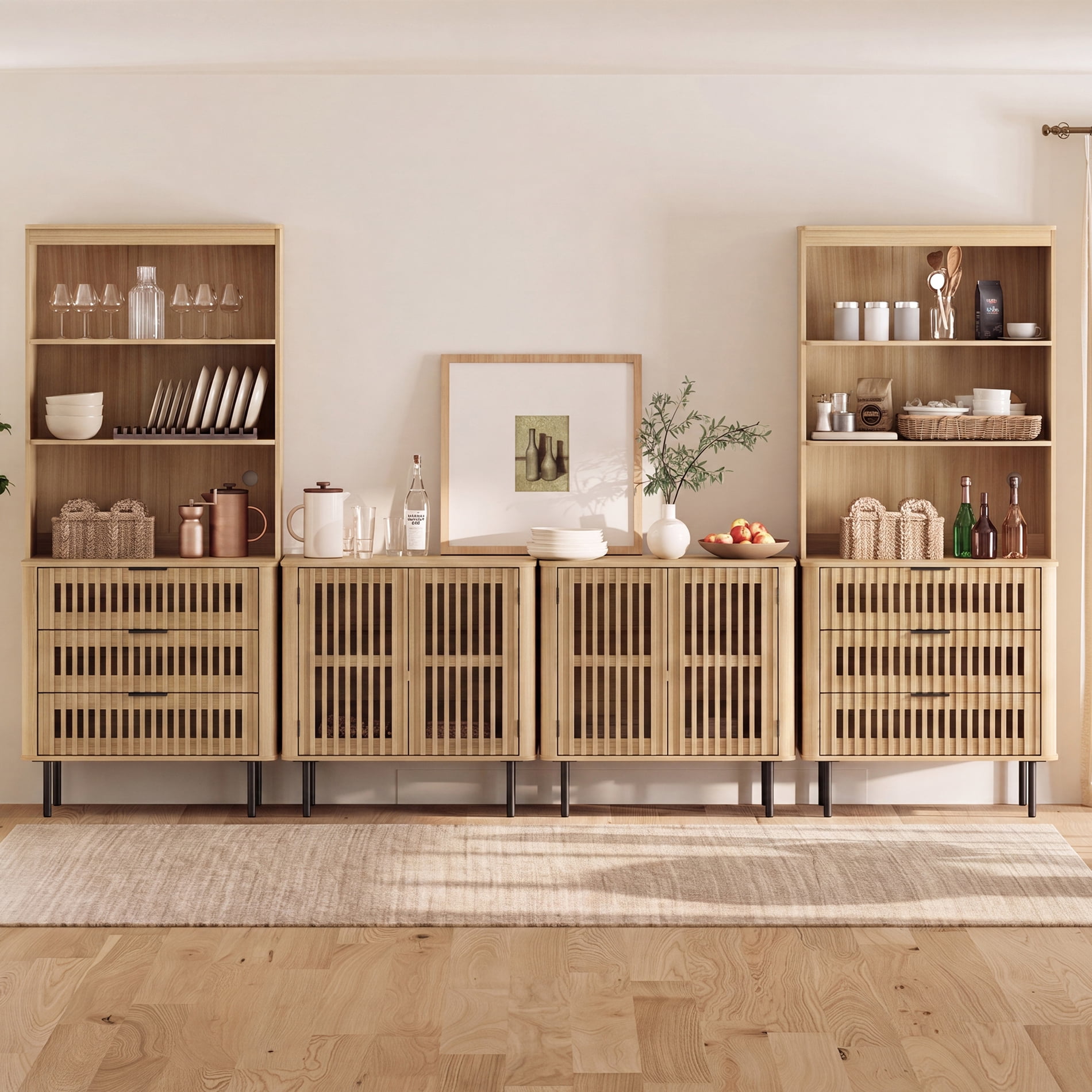 WAMPAT 72.8" Tall Bookshelf with Doors and Drawers, Modern Bookcase with Storage, Adjustable Shelves, Wood Storage Cabinet, Oak