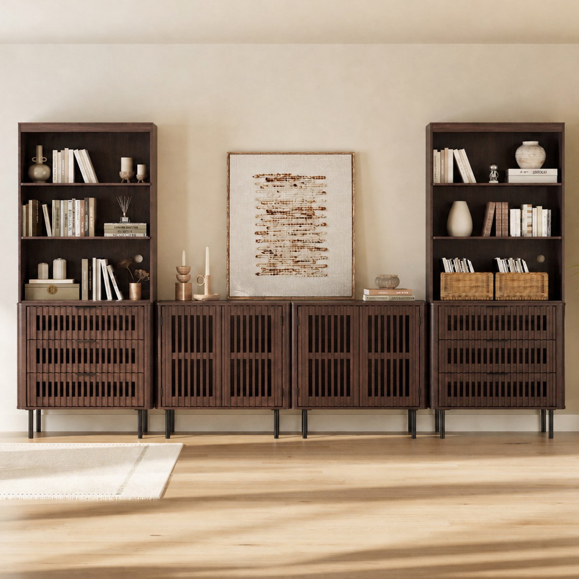 WAMPAT 72.8" Tall Bookshelf with Doors and Drawers, Modern Bookcase with Storage, Adjustable Shelves, Wood Storage Cabinet, Walnut