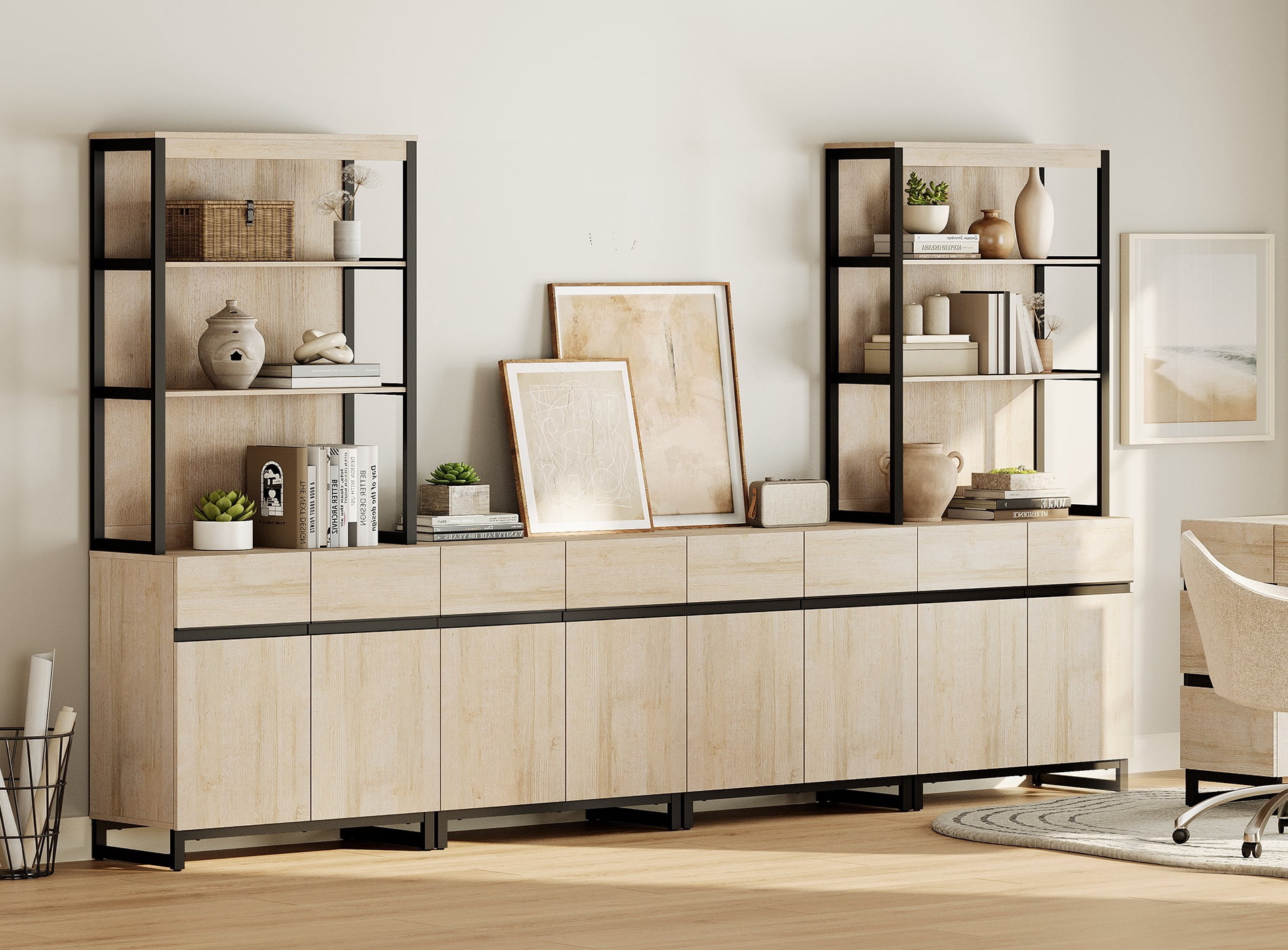 WAMPAT 72" Tall 3 Tier Modern Wood Bookshelf with Storage Cabinets, Adjustable Shelf & Door, Large Display Library Bookcase for Home Office, Living Room, Beige