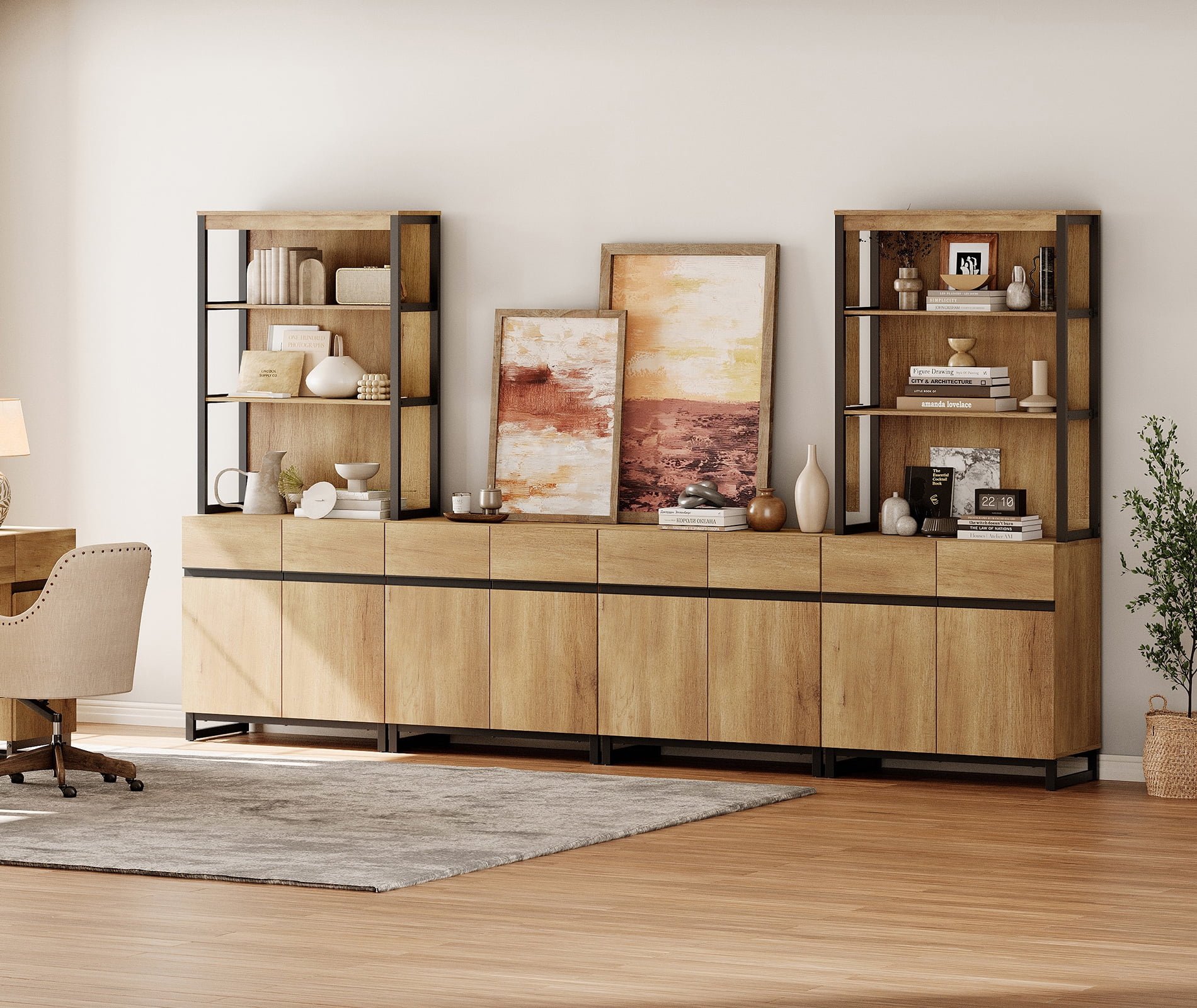 WAMPAT 72" Tall 3 Tier Modern Wood Bookshelf with Storage Cabinets, Adjustable Shelf & Door, Large Display Library Bookcase for Home Office, Living Room, Oak