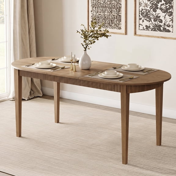 WAMPAT 73" Dining Table for 4-6 Person, Oval Dining Room Table with Fluted Design, Modern Farmhouse Kitchen Dinner Table for Dining Room, Living Room, Walnut