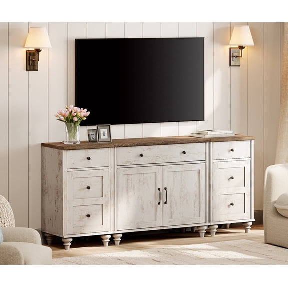 WAMPAT 75 Inch Farmhouse TV Stand with Charging Station, 3-in-1 Console Table Entertainment Center, Buffet Sideboard Cabinet for Dining Room, Rustic White