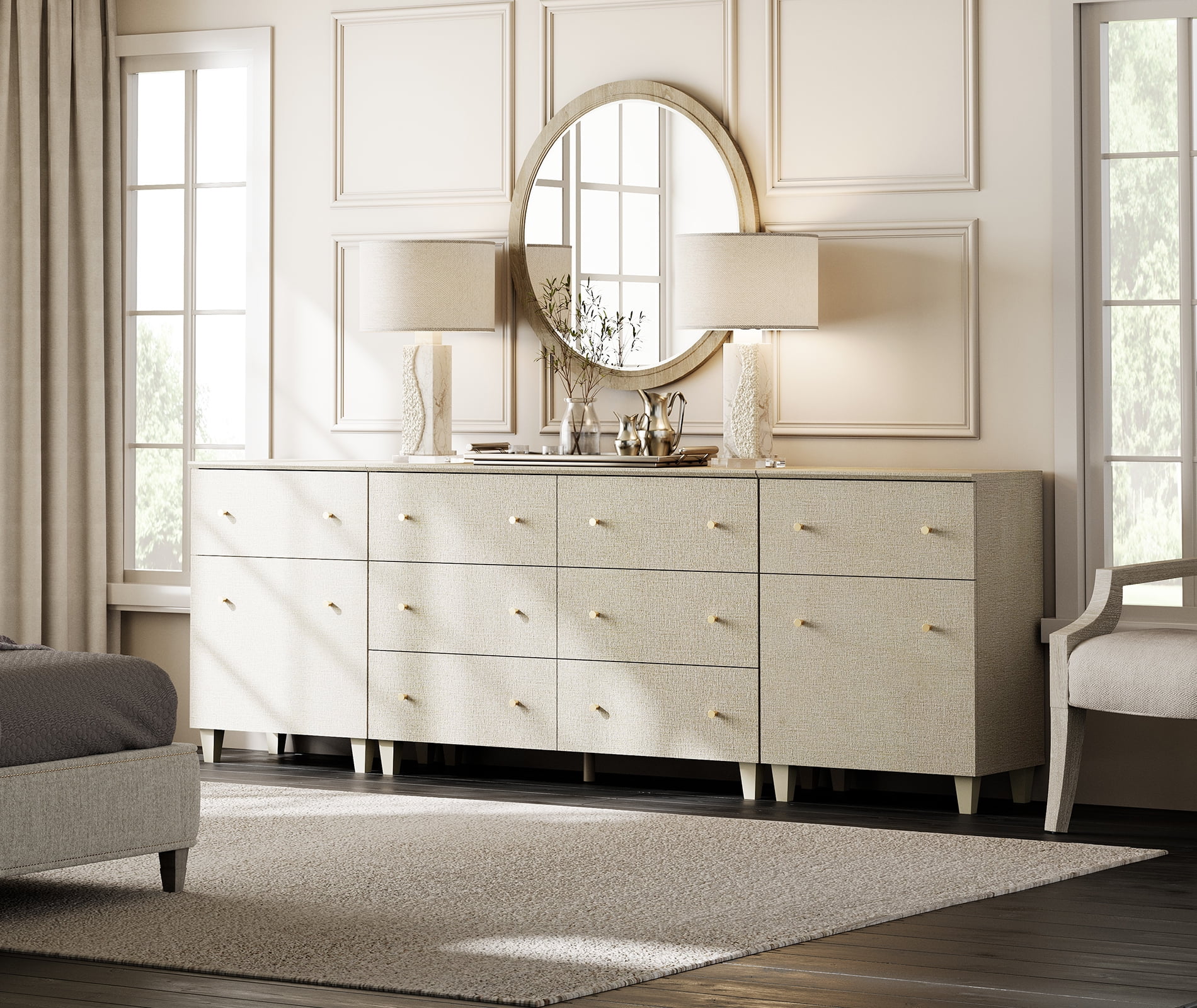 WAMPAT 8 Drawers Dresser with 2 Cabinets for Bedroom, 3-in-1 Modern Wooden Chest of Drawers, 94" Wide, Beige Linen Printed Finish