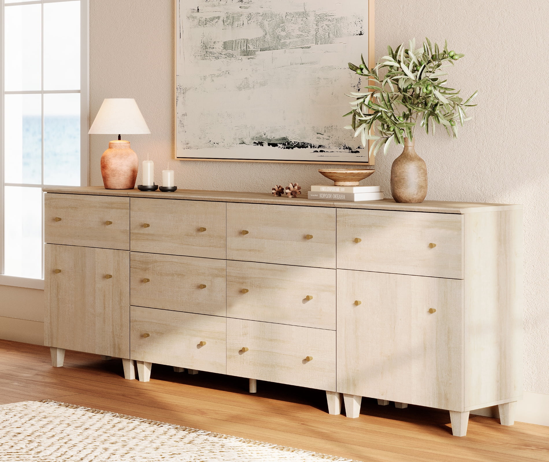 WAMPAT 8 Drawers Dresser with 2 Cabinets for Bedroom, 3-in-1 Modern Wooden Chest of Drawers, 94" Wide, Light Oak Wood Finish