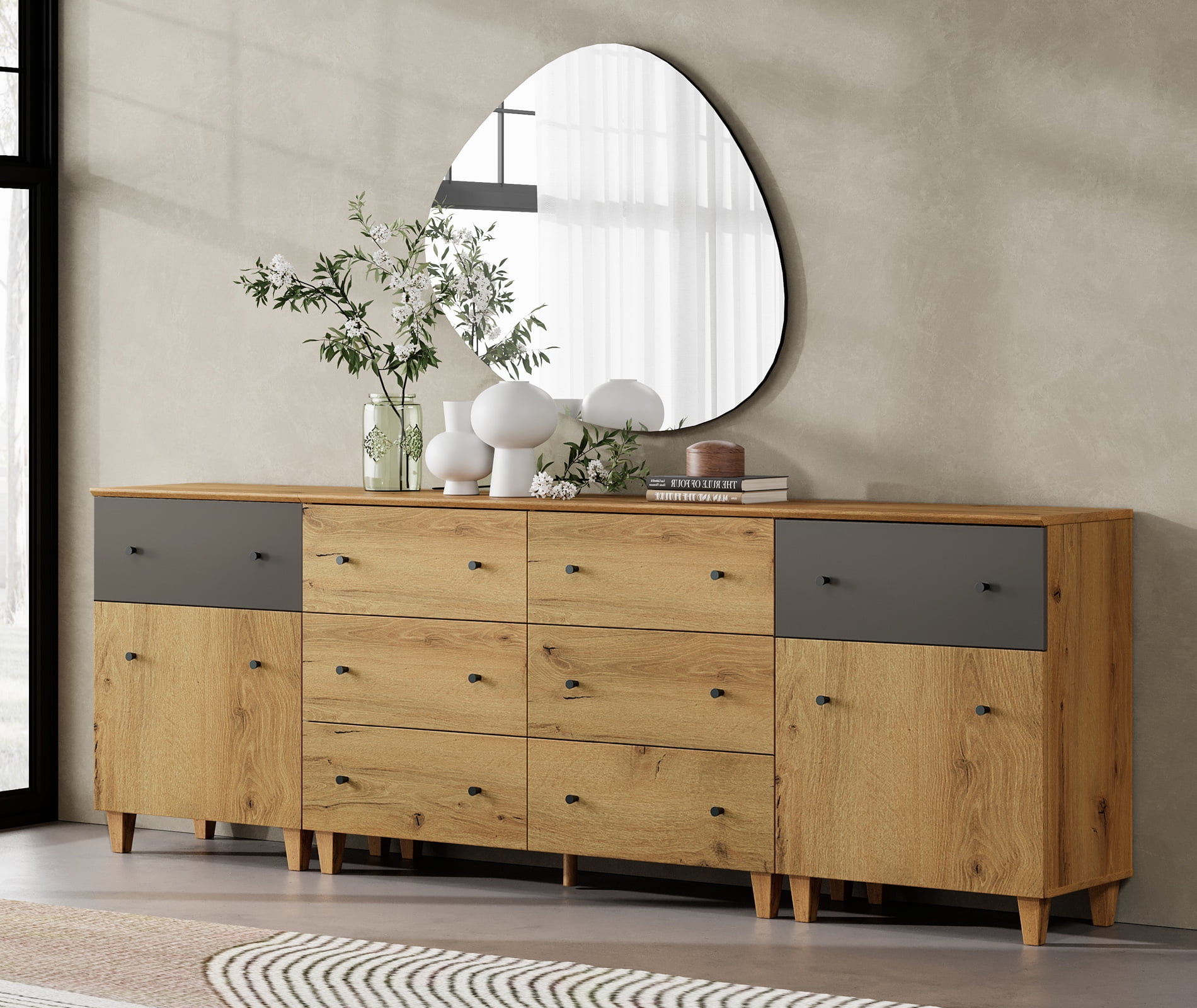 WAMPAT 8 Drawers Dresser with 2 Cabinets for Bedroom, 3-in-1 Modern Wooden Chest of Drawers, 94" Wide, Oak Brown Wood Finish