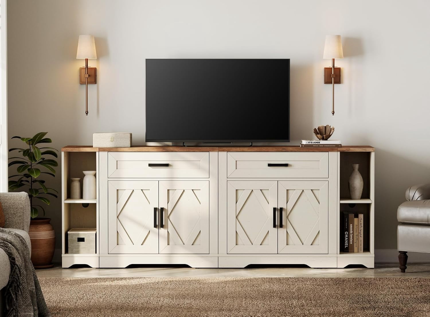 WAMPAT 82.7"W TV Stand for up to 80" TVs,Farmhouse Entertainment Center with Storage Barn Door Cabinet,TV Console Table with Media Cabinet and Drawers for Living Room,Bedroom,Cream White