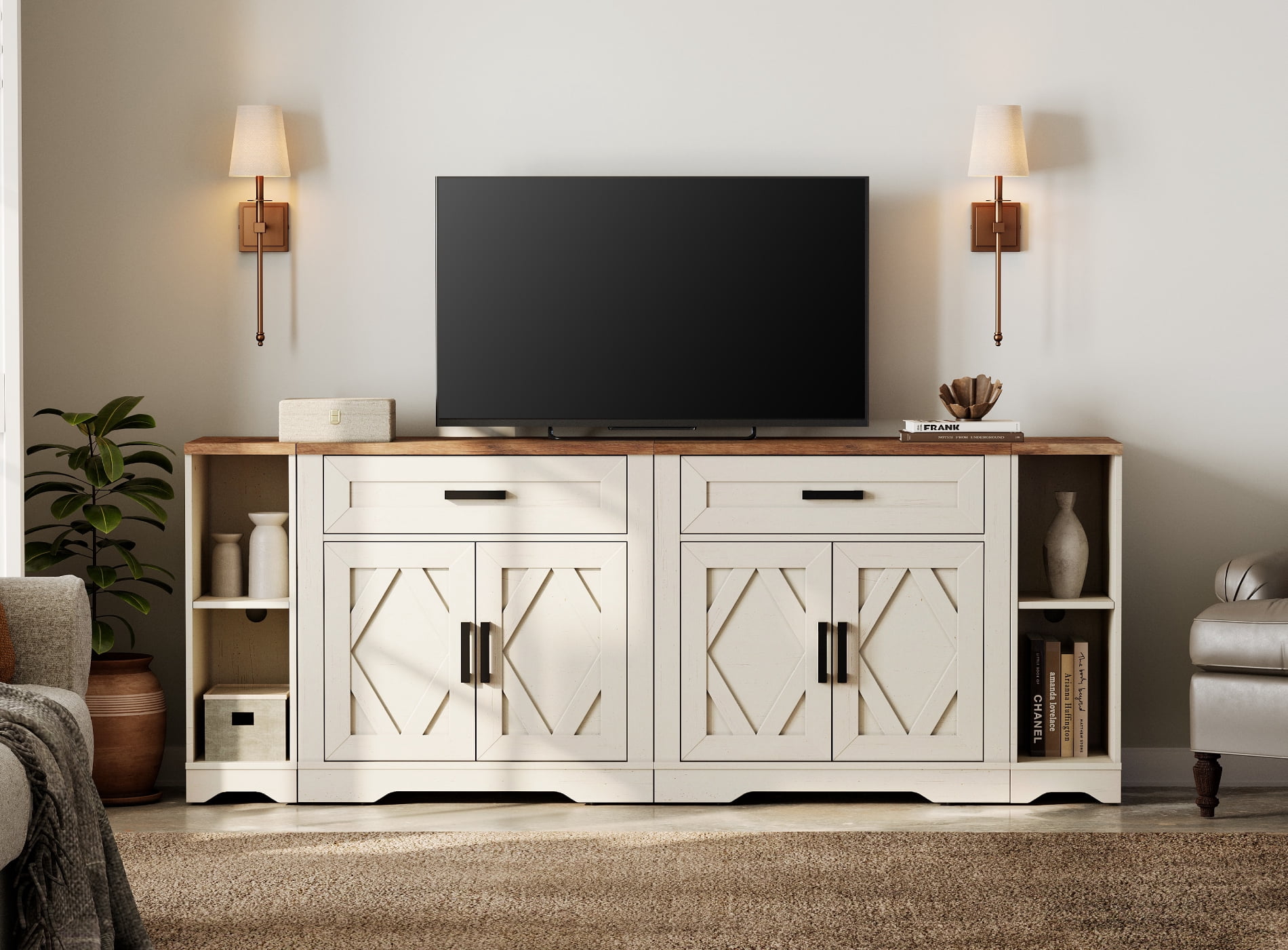 WAMPAT 82.7"W TV Stand for up to 95" TVs,Farmhouse Entertainment Center with Storage Barn Door Cabinet,TV Console Table with Media Cabinet and Drawers for Living Room,Bedroom,Cream White
