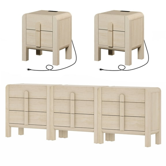 WAMPAT 9 Drawer Dresser and Nightstand Sets for Bedroom, 5 Pcs Bedroom Set，Night Stand Set of 2, 9 Drawer Dresser with Curved Profile Design, Wood Chest of Drawers Mid Century Storage Cabinet Set