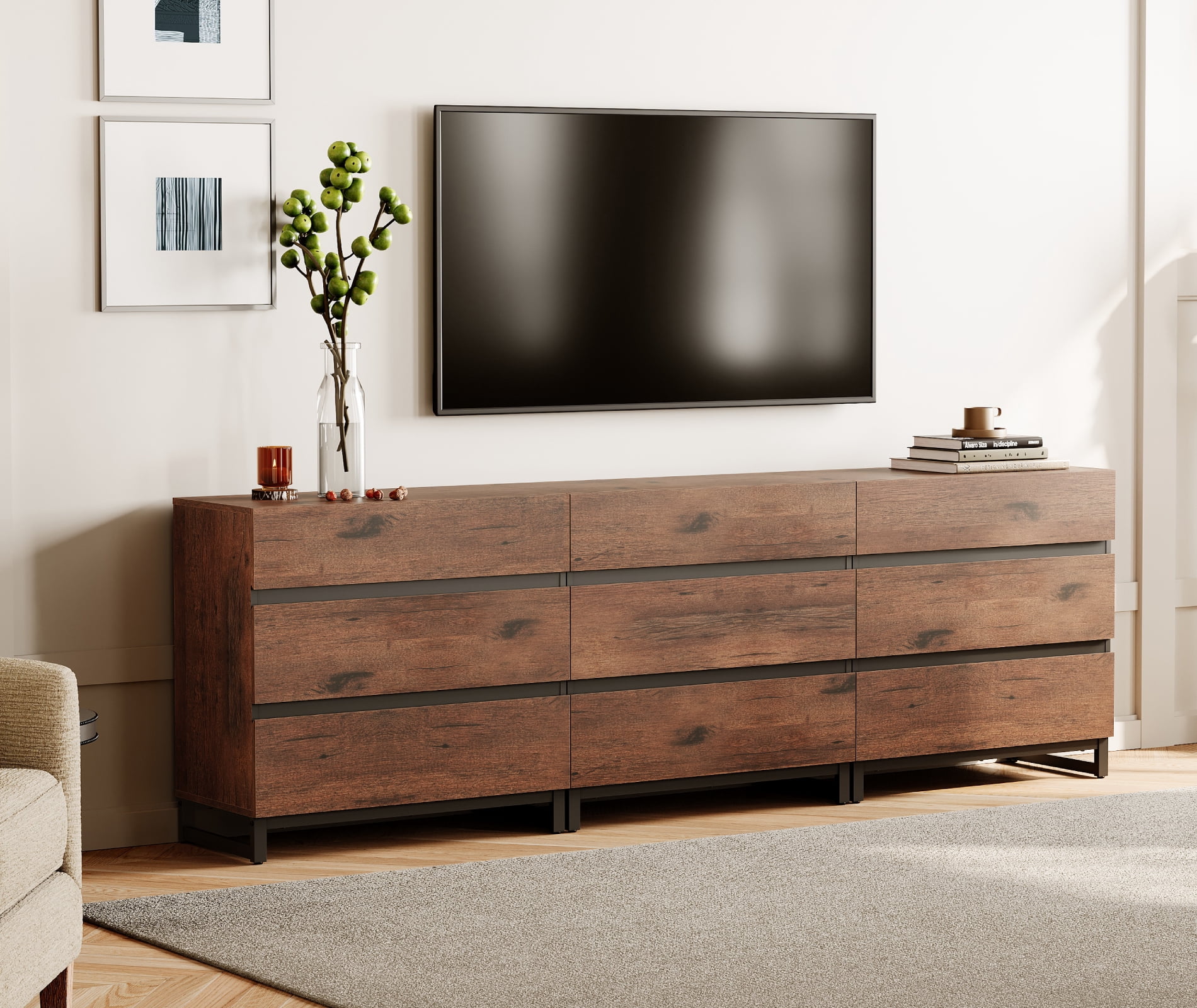 WAMPAT 9-Drawer Modern TV Stand with Concealed Handles & Metal Base,Entertainment Center for TVs up to 100 Inch, Media Console for Living Room & Bedroom
