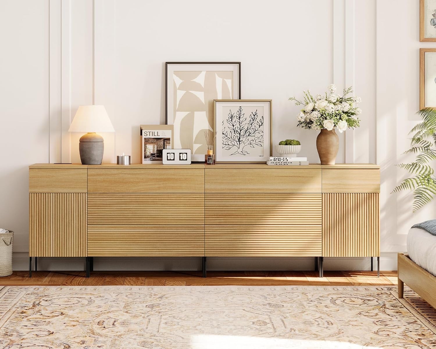 WAMPAT 94.5" 4-in-1 Fluted Dresser for Bedroom with Charging Station, Modern Wooden Chest of Drawers with Hidden Handles & 8 Drawers, Extra Long Dresser TV Stand Closet Storage Organizer, Oak
