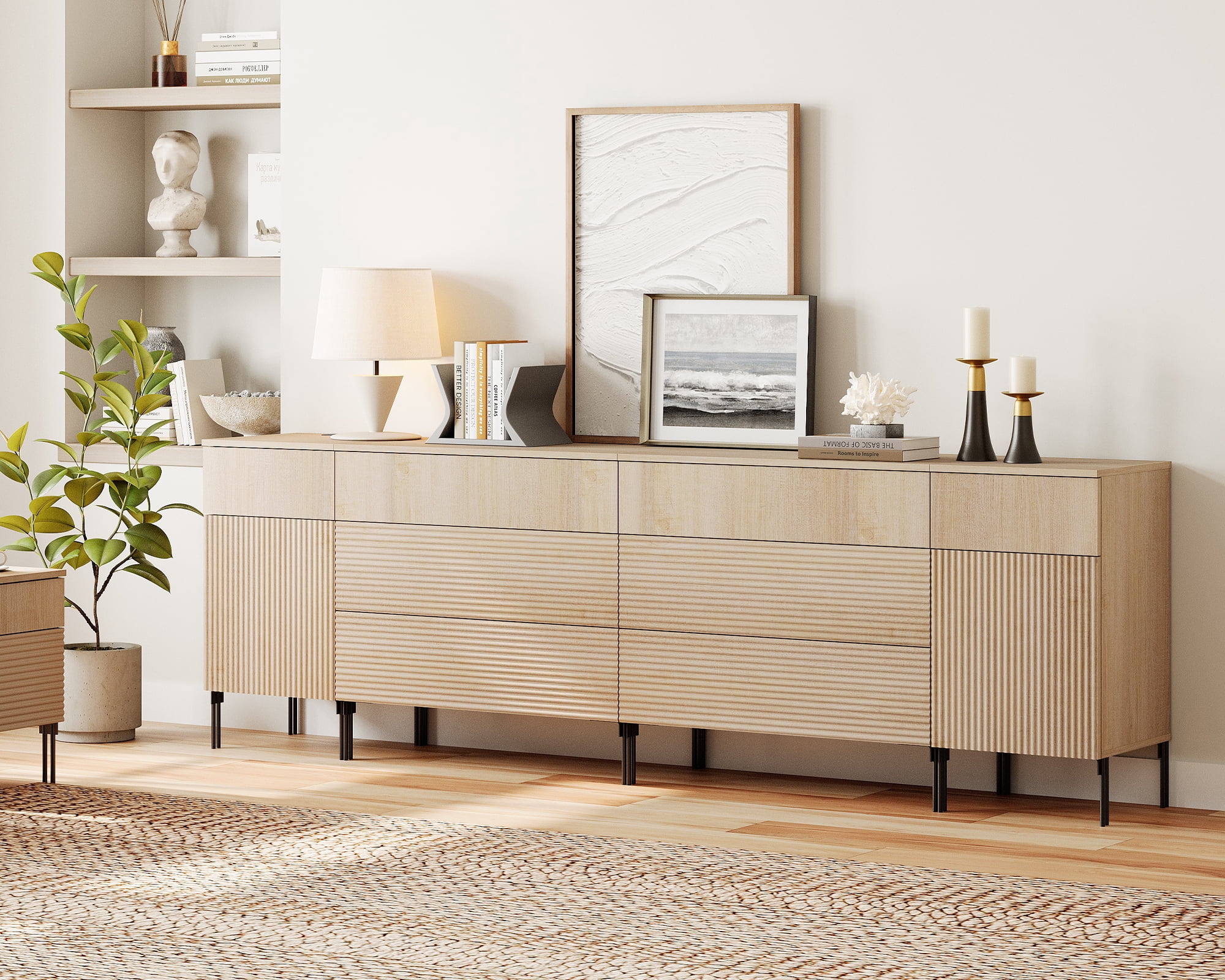 WAMPAT 94.5" 8 Drawer Dresser with Charging Station, Modern Fluted Wood Dresser with 2 Door Storage Cabinets, Push-to-Open Organizer for Bedroom, Living Room, Entryway