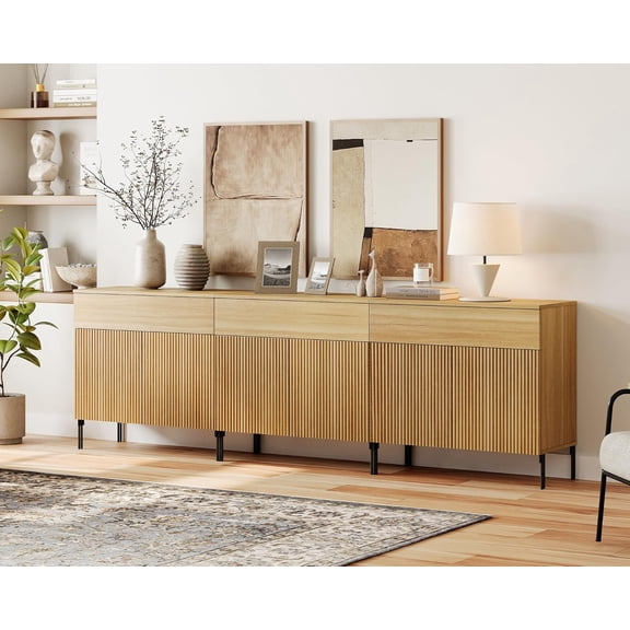 WAMPAT 94.5" Buffet Sideboard Cabinet with Storage, Wood Credenza Console Table with 3 Drawer & 6 Doors, Coffee Bar Cabinet, Wine Bar Storage for Dining Room, Living Room