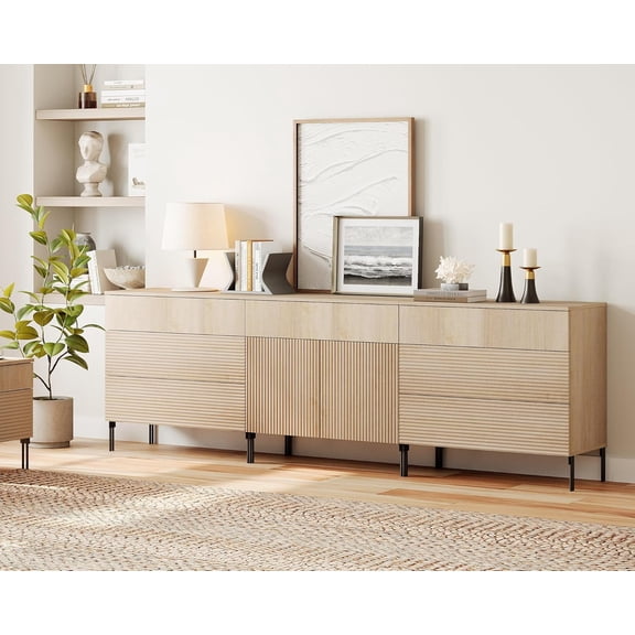 WAMPAT 94.5" Large Buffet Sideboard Cabinet with 7 Drawers & 2 Doors, 3-in-1 Fluted Storage Credenza, Modern Buffet Table Coffee Bar Wine Bar Cabinet for Dining Room, Living Room