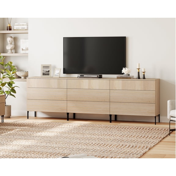 WAMPAT 94.5" Modern TV Stand for TVs up to 100 Inch, Fluted Wood Media Console with 9 Drawers, Push-to-Open Entertainment Center for Living Room