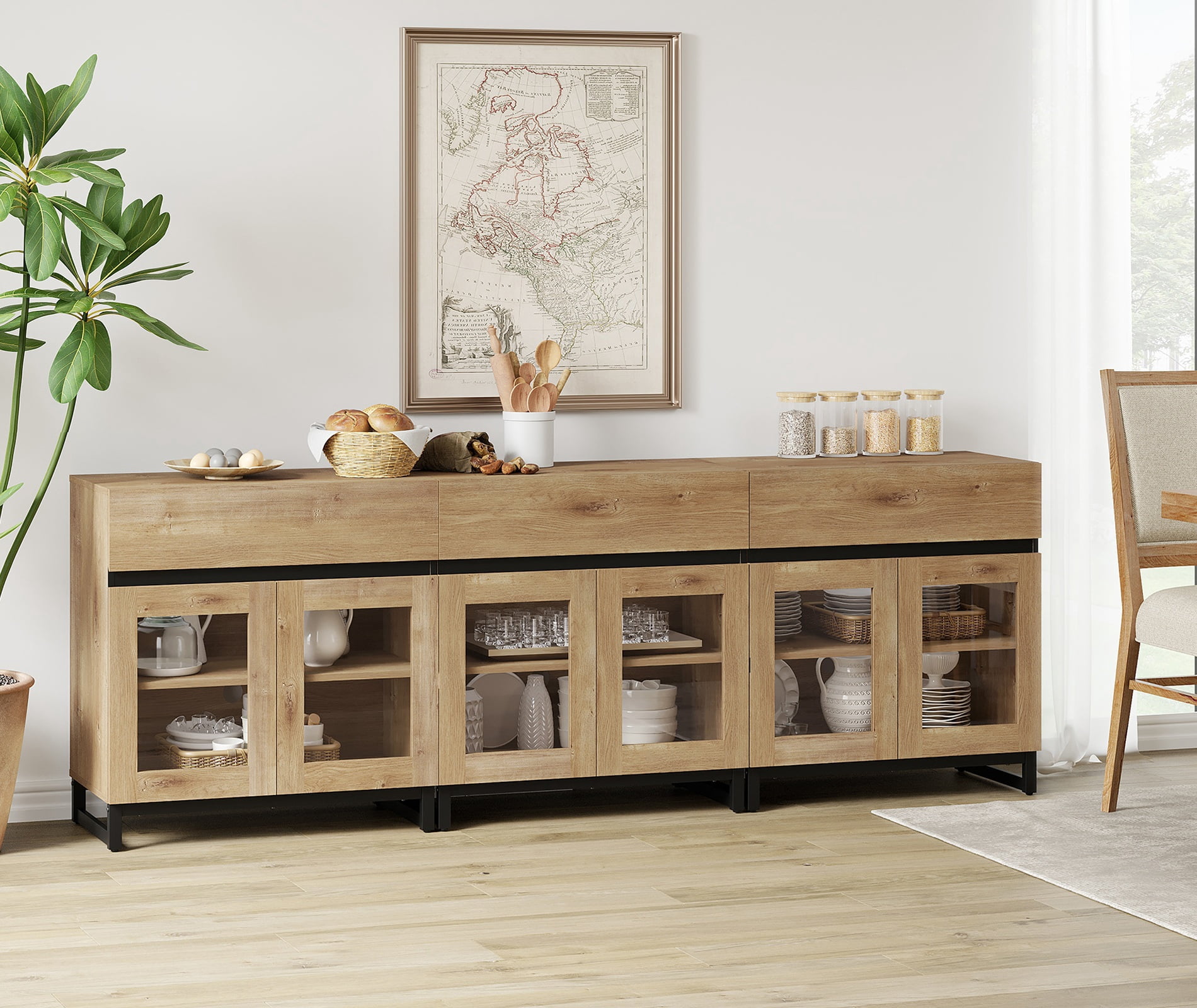 WAMPAT 94.5" Multifunctional Modern Sideboard Buffet Cabinet with 6 Glass Doors & 3 Drawers, Credenza & Coffee Bar Storage Cabinet for Living Room & Kitchen