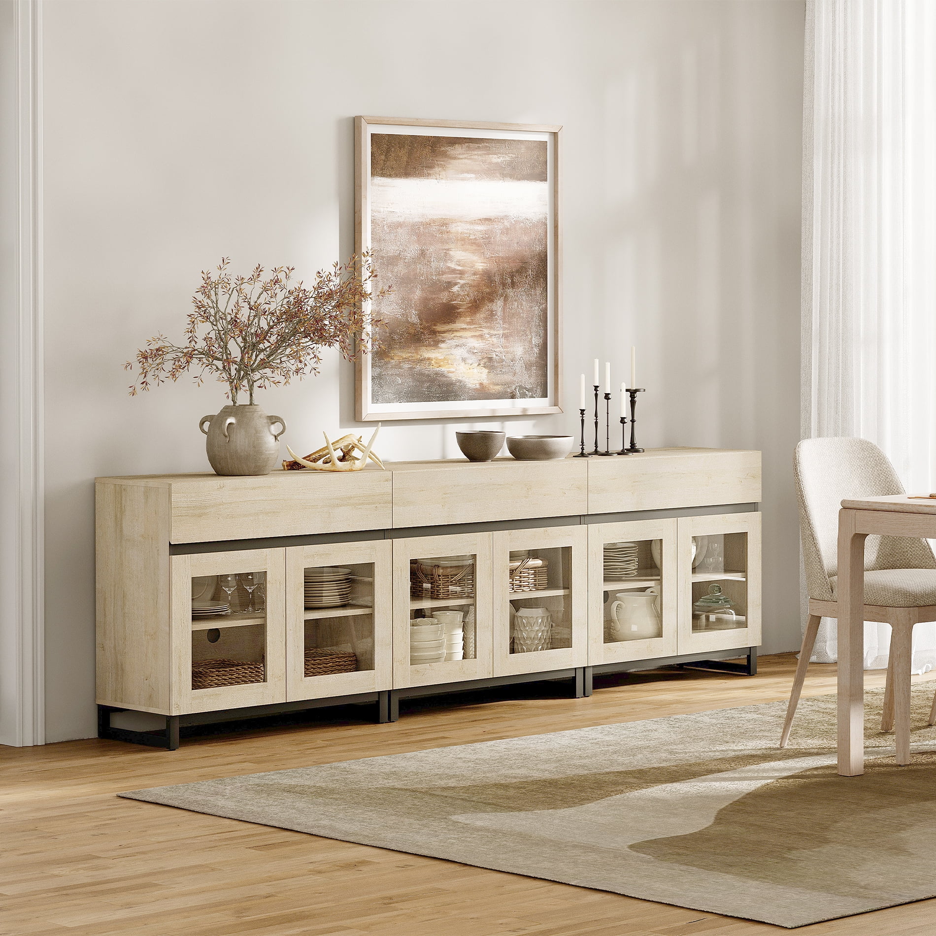 WAMPAT 94.5" Multifunctional Modern Sideboard Buffet Cabinet with 6 Glass Doors & 3 Drawers, Credenza & Coffee Bar Storage Cabinet for Living Room & Kitchen