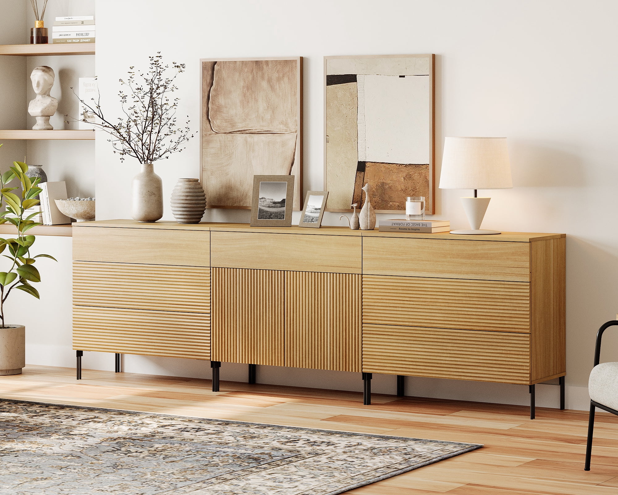 WAMPAT 94.5" Sideboard Cabinet with 6 Drawers and 2 Doors, Modern Fluted Credenza Buffet Cabinet with Adjustable Shelves, Large Storage Cabinet for Dining Room, Living Room