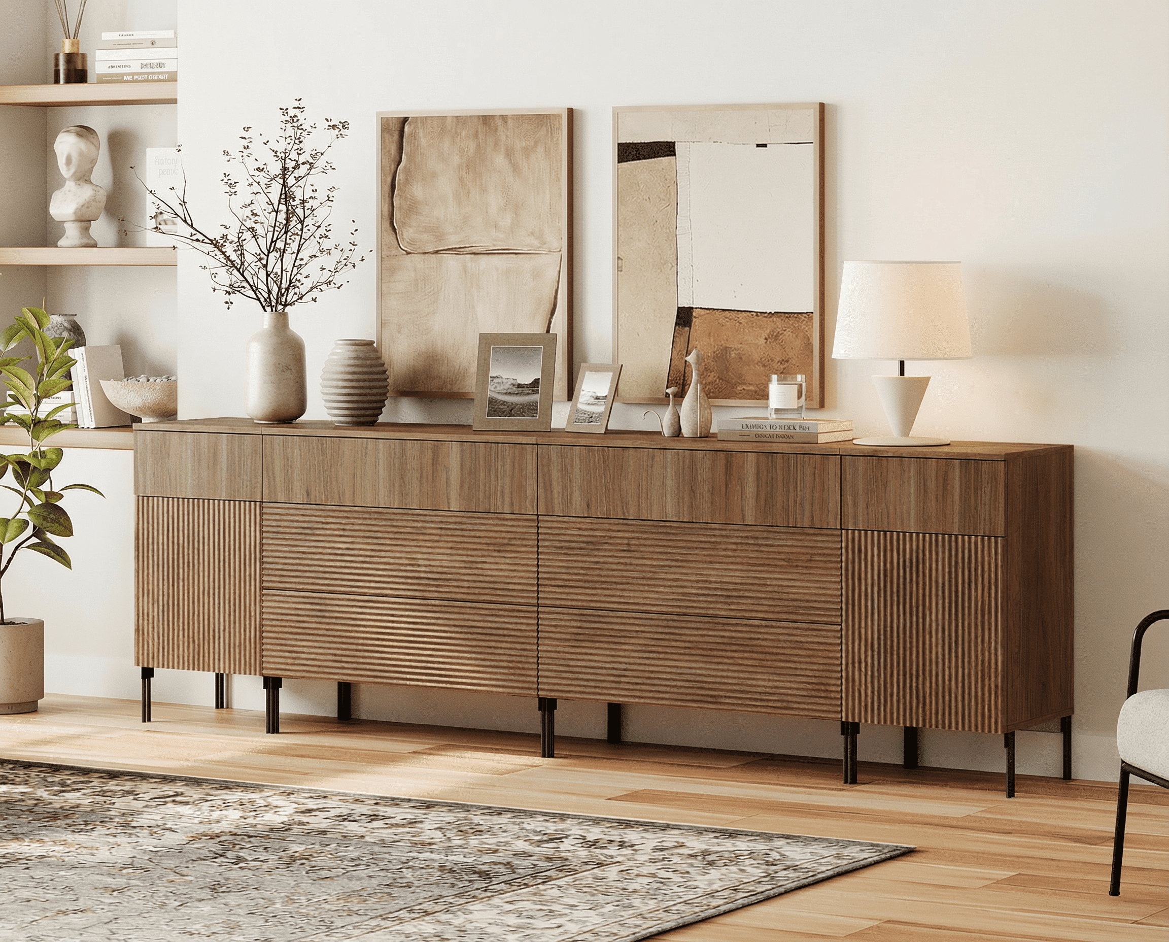 WAMPAT 94.5" Sideboard Cabinet with 7 Drawers and 2 Doors, Modern Fluted Credenza with Charging Station, Push-to-Open Storage Cabinet for Dining Room, Living Room