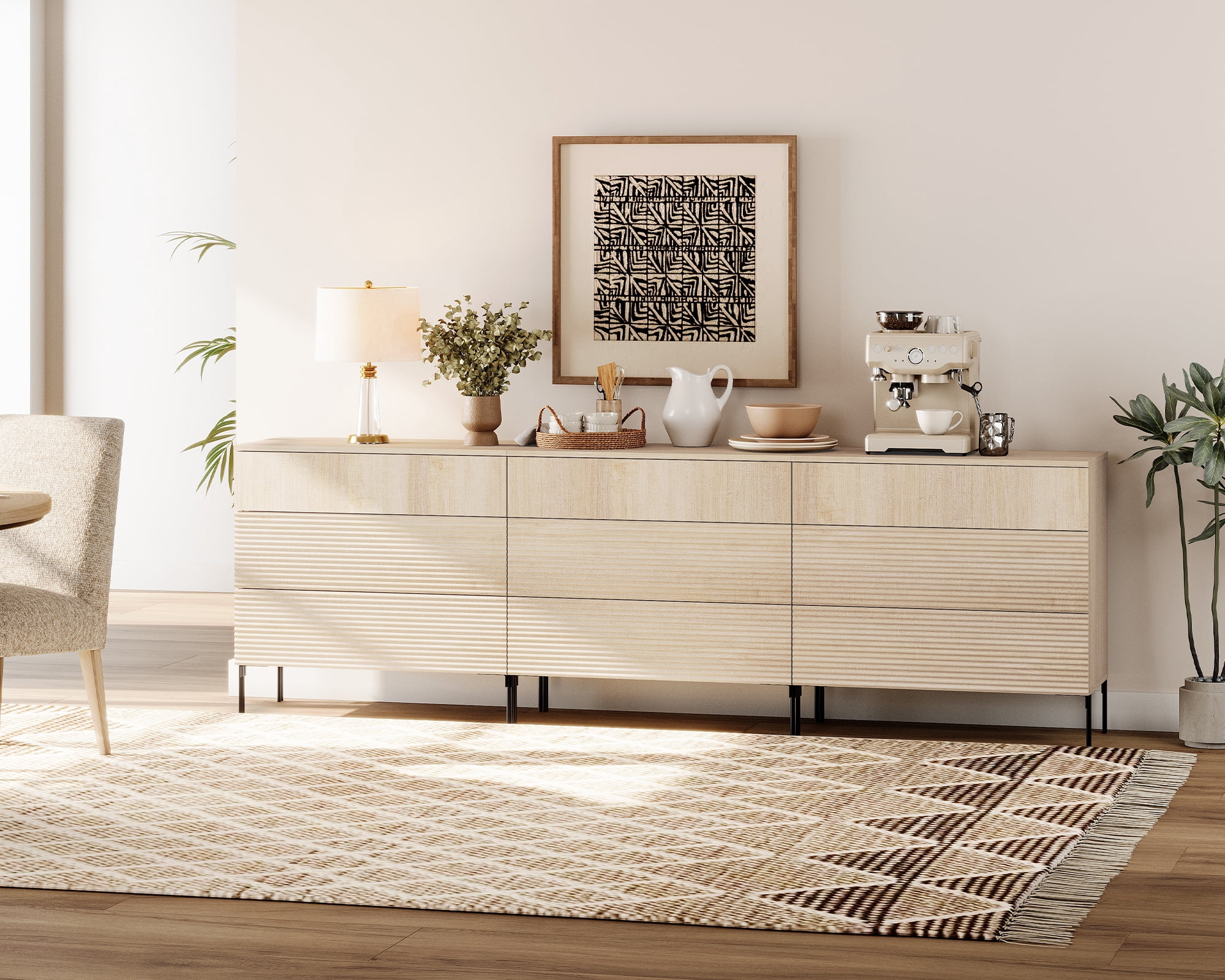 WAMPAT 94.5" Sideboard Cabinet Set with 9 Drawers, Modern Fluted Storage Cabinet with Push-to-Open Design, Extra Large Credenza Buffet Cabinet for Dining Room, Living Room