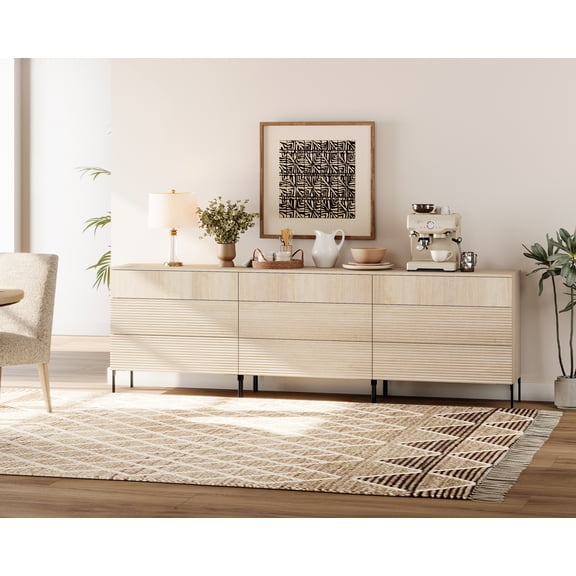 WAMPAT 94.5" Sideboard Cabinet Set with 9 Drawers, Modern Fluted Storage Cabinet with Push-to-Open Design, Extra Large Credenza Buffet Cabinet for Dining Room, Living Room