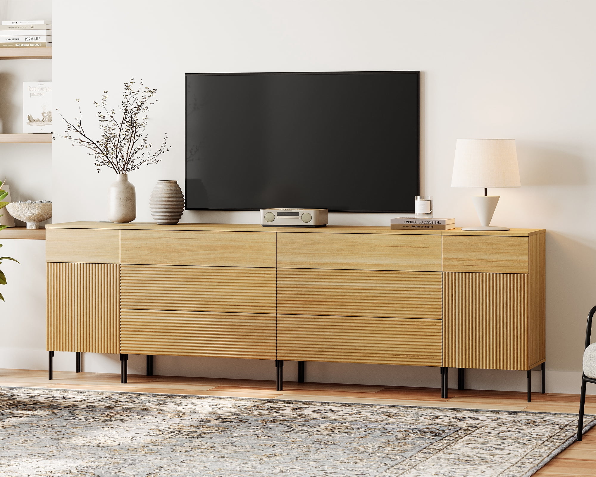 WAMPAT 94.5" TV Stand for TVs up to 100 Inch with Charging Station, Fluted Wood Media Console with 8 Drawers and 2 Door Cabinets, Push-to-Open Entertainment Center