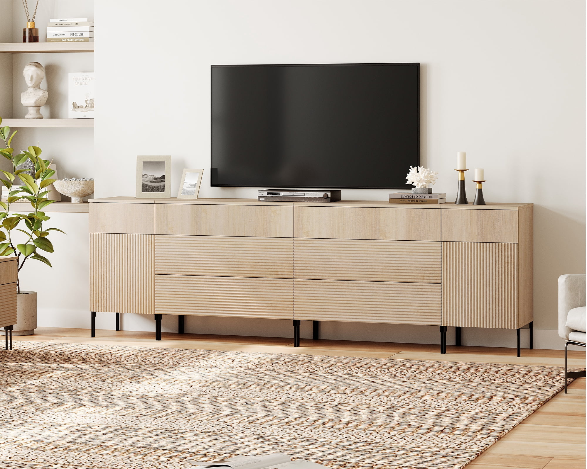 WAMPAT 94.5" TV Stand for TVs up to 100 Inch with Charging Station, Fluted Wood Media Console with 8 Drawers and 2 Door Cabinets, Push-to-Open Entertainment Center