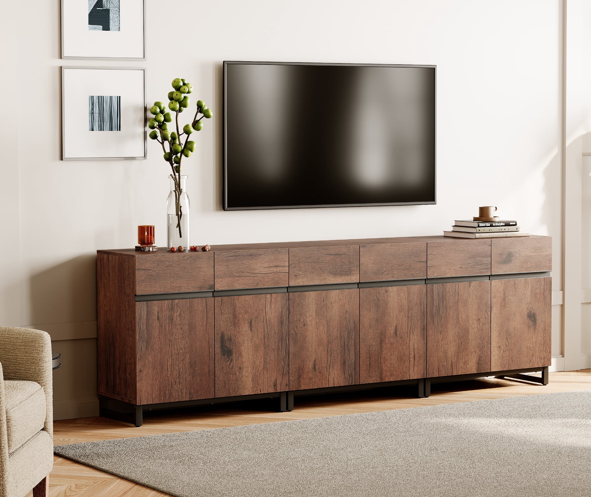 WAMPAT 94.5" TV Stand with Doors,Modern TV Stand for TVs up to 110 Inch,3 Packs Wood Entertainment Center with Adjustable Shelves & Metal Base.